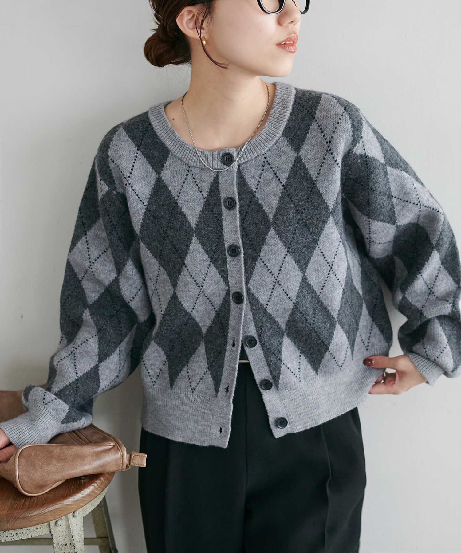 DISCOAT(ディスコート) アーガイル柄クルーカーディガン