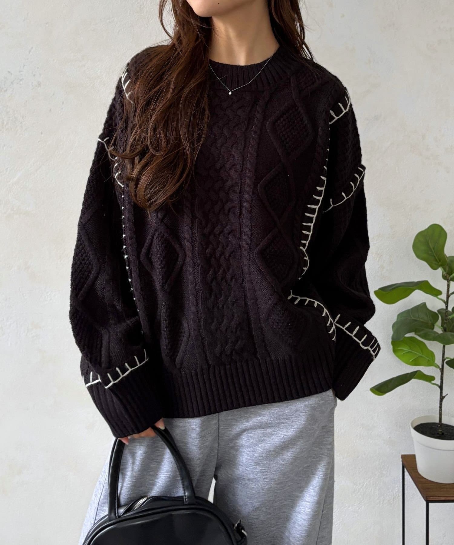 LOCUST(ローカスト) 【一枚で着映える】配色ブラケットステッチニット