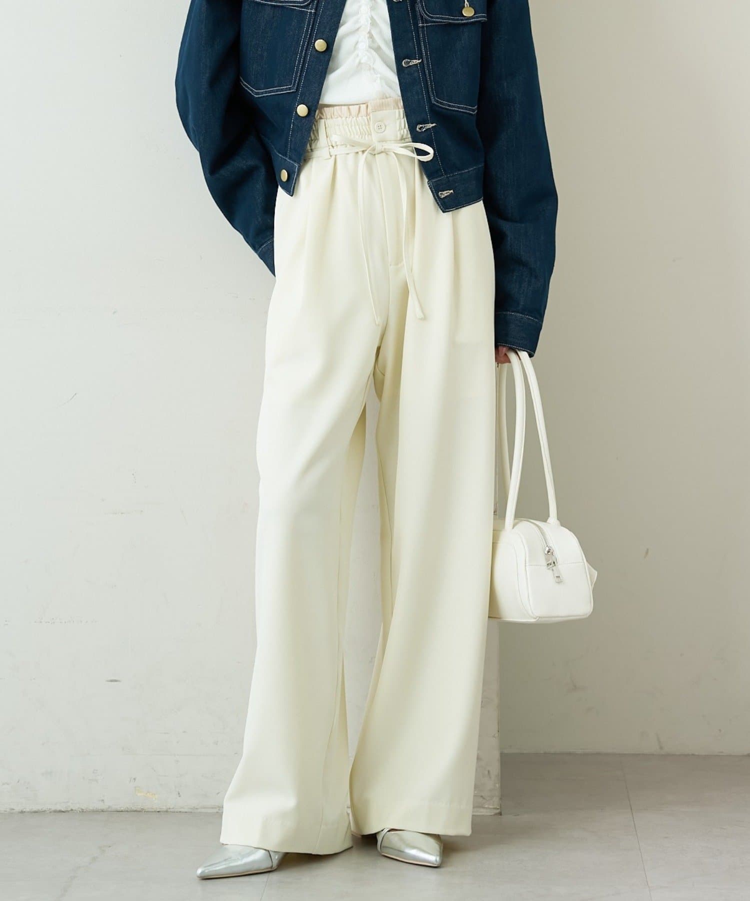 mystic(ミスティック) 【新色NAVYが登場/ストライプ柄、無地 / ウエストの配色がポイント】Wベルトパンツ