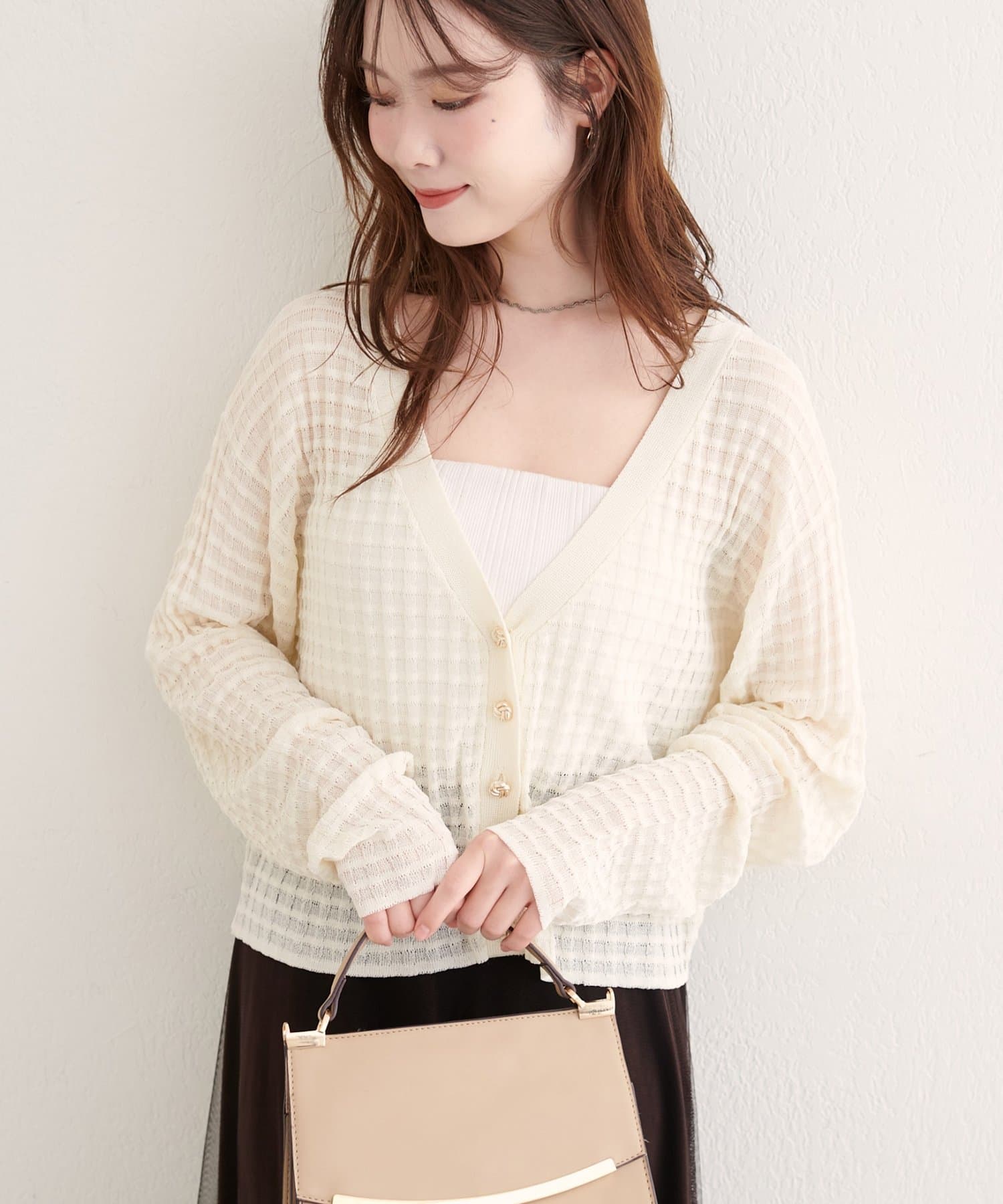 natural couture(ナチュラルクチュール) 【WEB限定】チェック編みカーデ