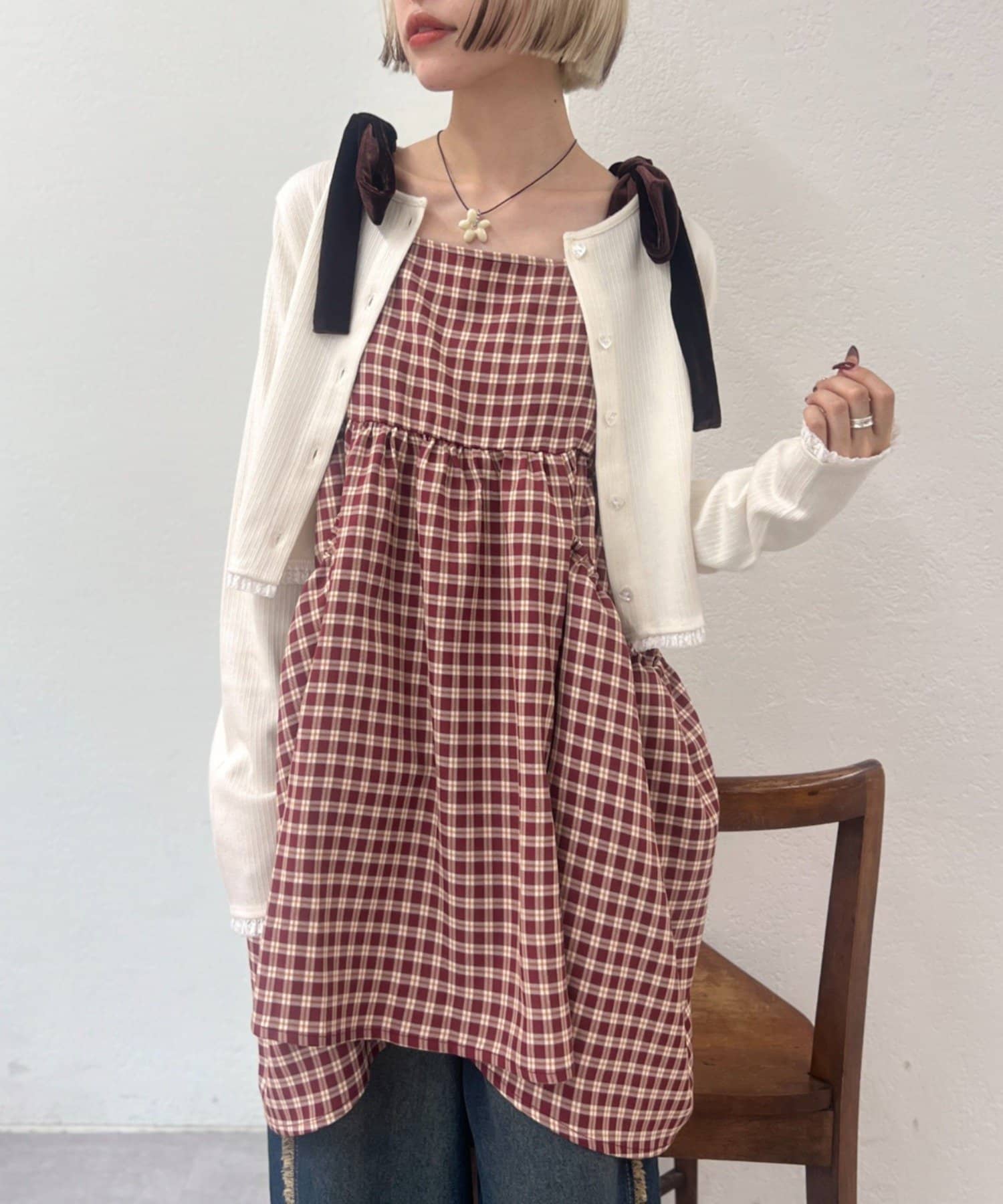 w closet(ダブルクローゼット) 【長さ調節可能！】肩リボンチェックキャミワンピース