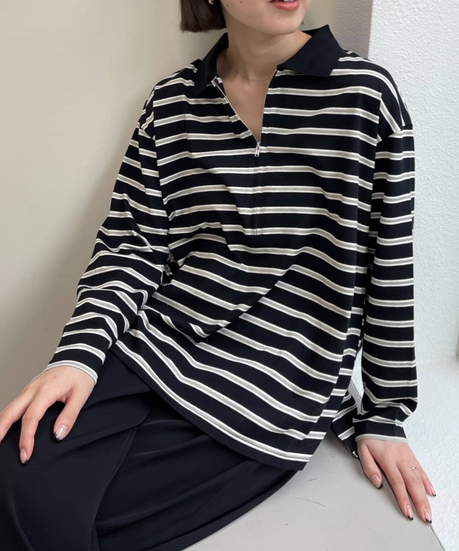 Omekashi(オメカシ) 襟付きマルチカラーボーダーロングTシャツ