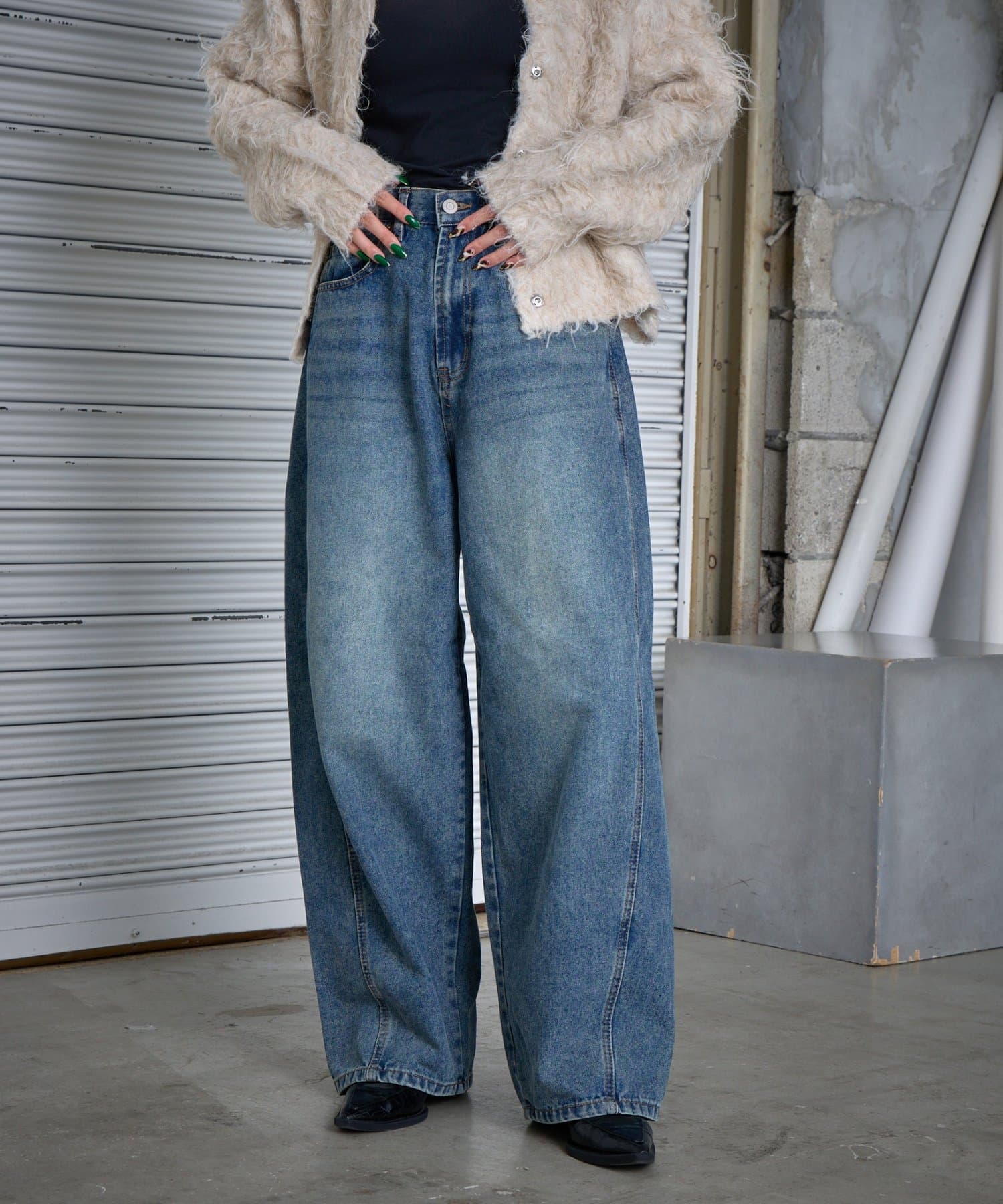 -goocy-(グーシー) デニムバレルレッグワイドパンツ