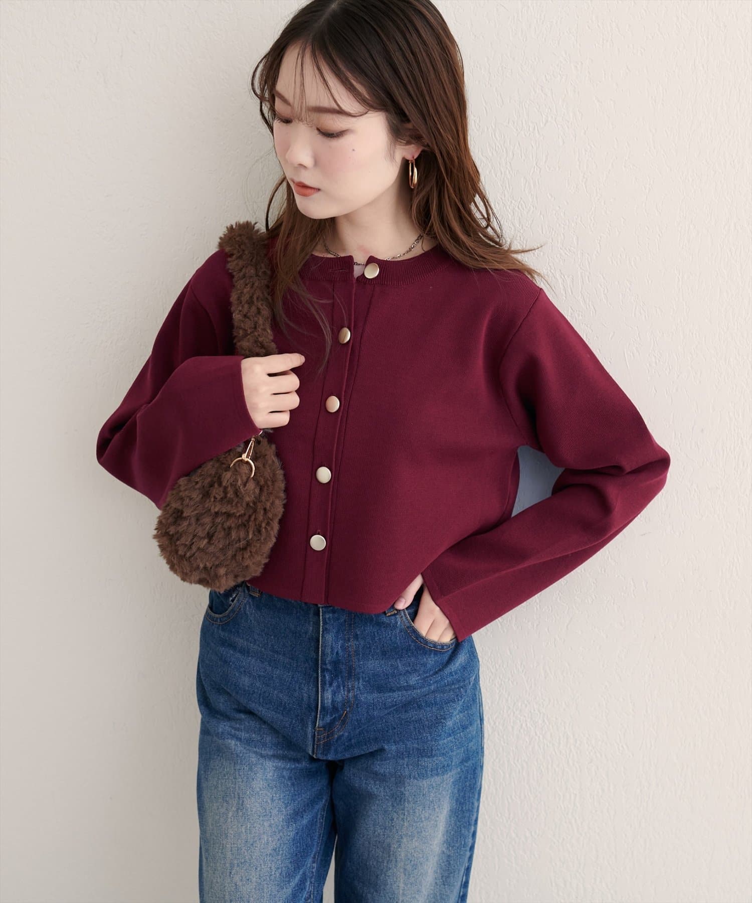 natural couture(ナチュラルクチュール) クロップド丈リブカラーカーディガン