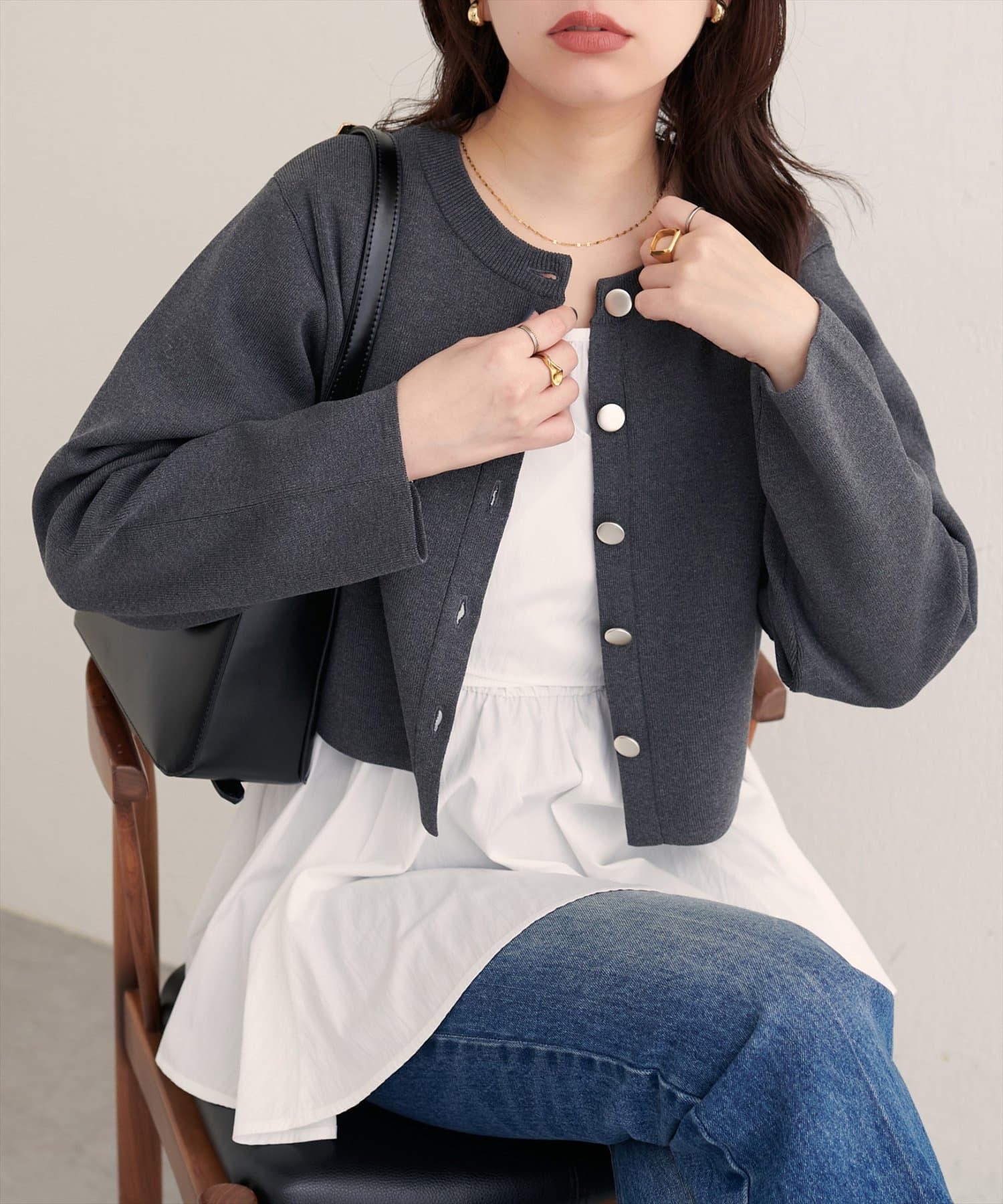 natural couture(ナチュラルクチュール) クロップド丈リブカラーカーディガン