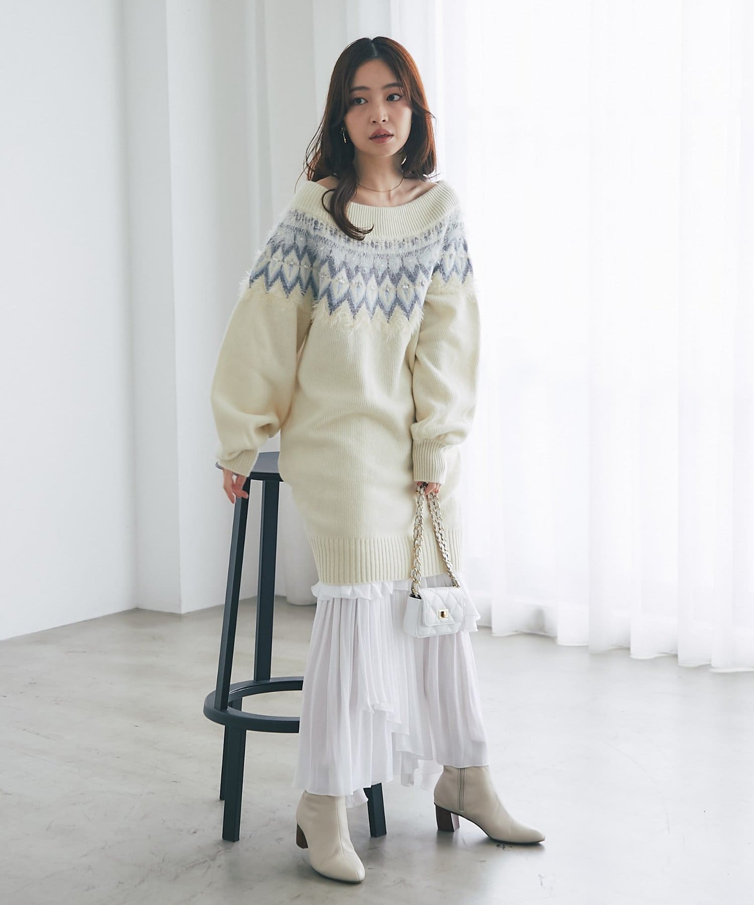 La boutique BonBon(ラブティックボンボン) フェアアイルオフショルニットワンピース