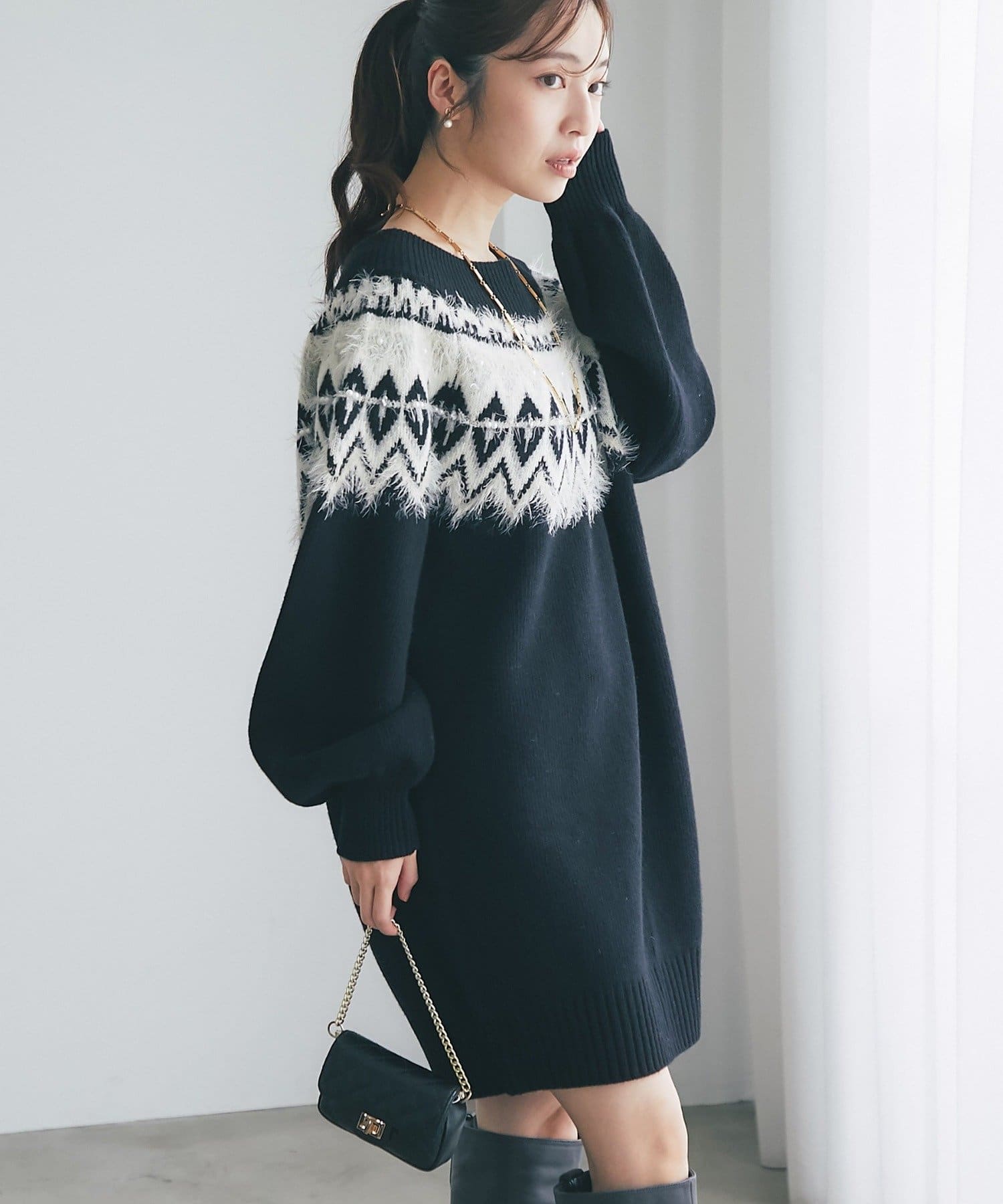 La boutique BonBon(ラブティックボンボン) フェアアイルオフショルニットワンピース
