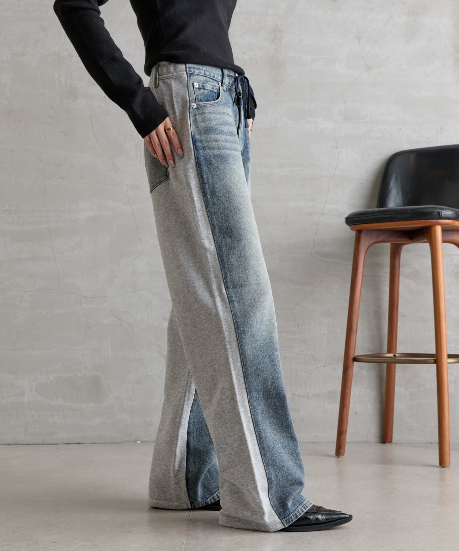 -goocy-(グーシー) 裏毛ドッキングストレートデニム