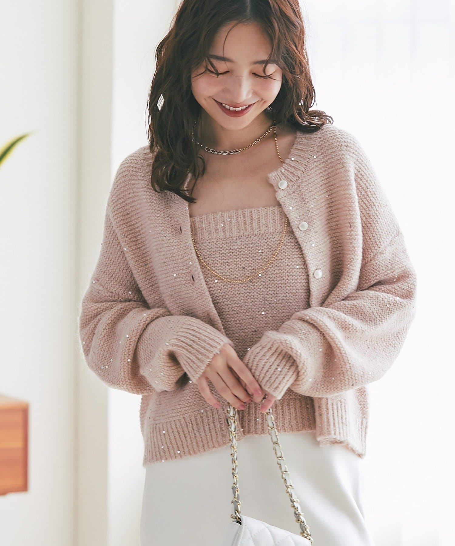 La boutique BonBon(ラブティックボンボン) 【セットアップ可・きらきら女っぽコーデに】スパンコールモヘアカーディガン