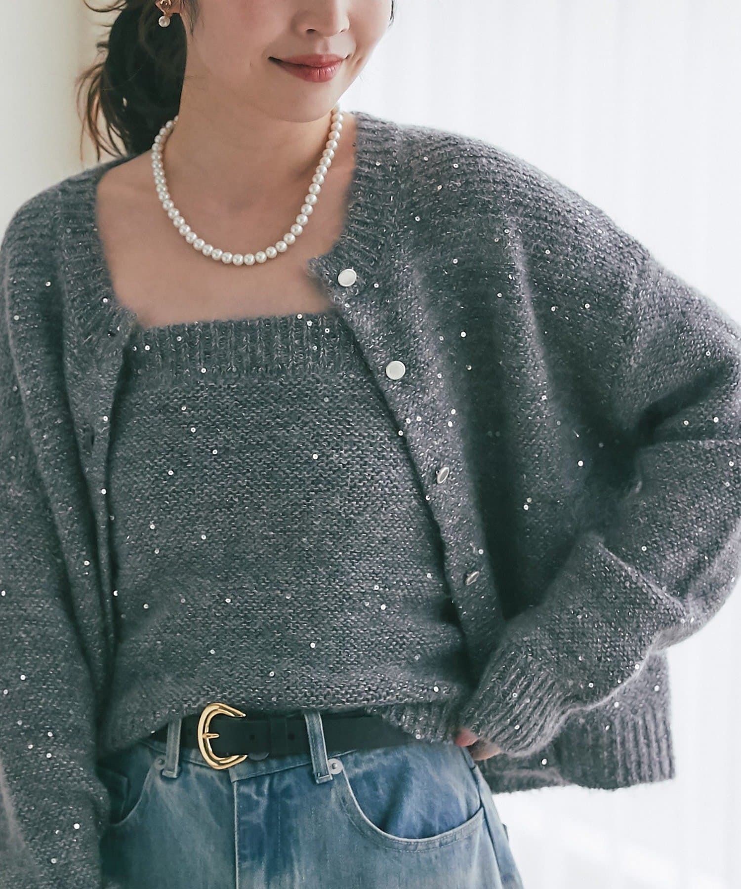 La boutique BonBon(ラブティックボンボン) 【セットアップ可・きらきら女っぽコーデに】スパンコールモヘアカーディガン