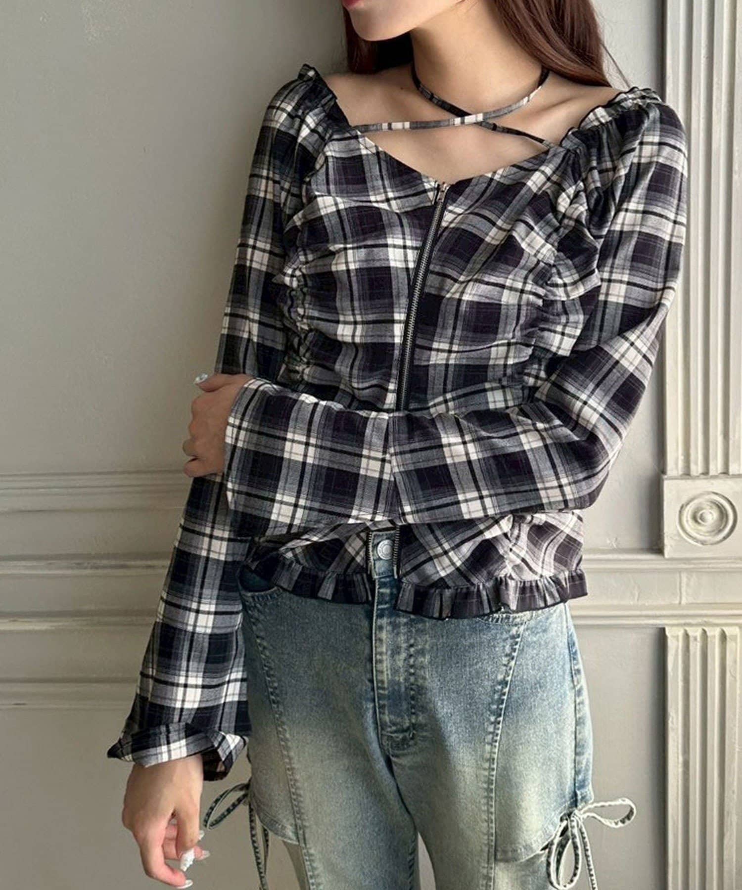 NICE CLAUP / OLIVE des OLIVE OUTLET(ナイスクラップ  / オリーブ デ オリーブ アウトレット) 【OLIVE des OLIVE】ダブルジップフレア袖ブラウス