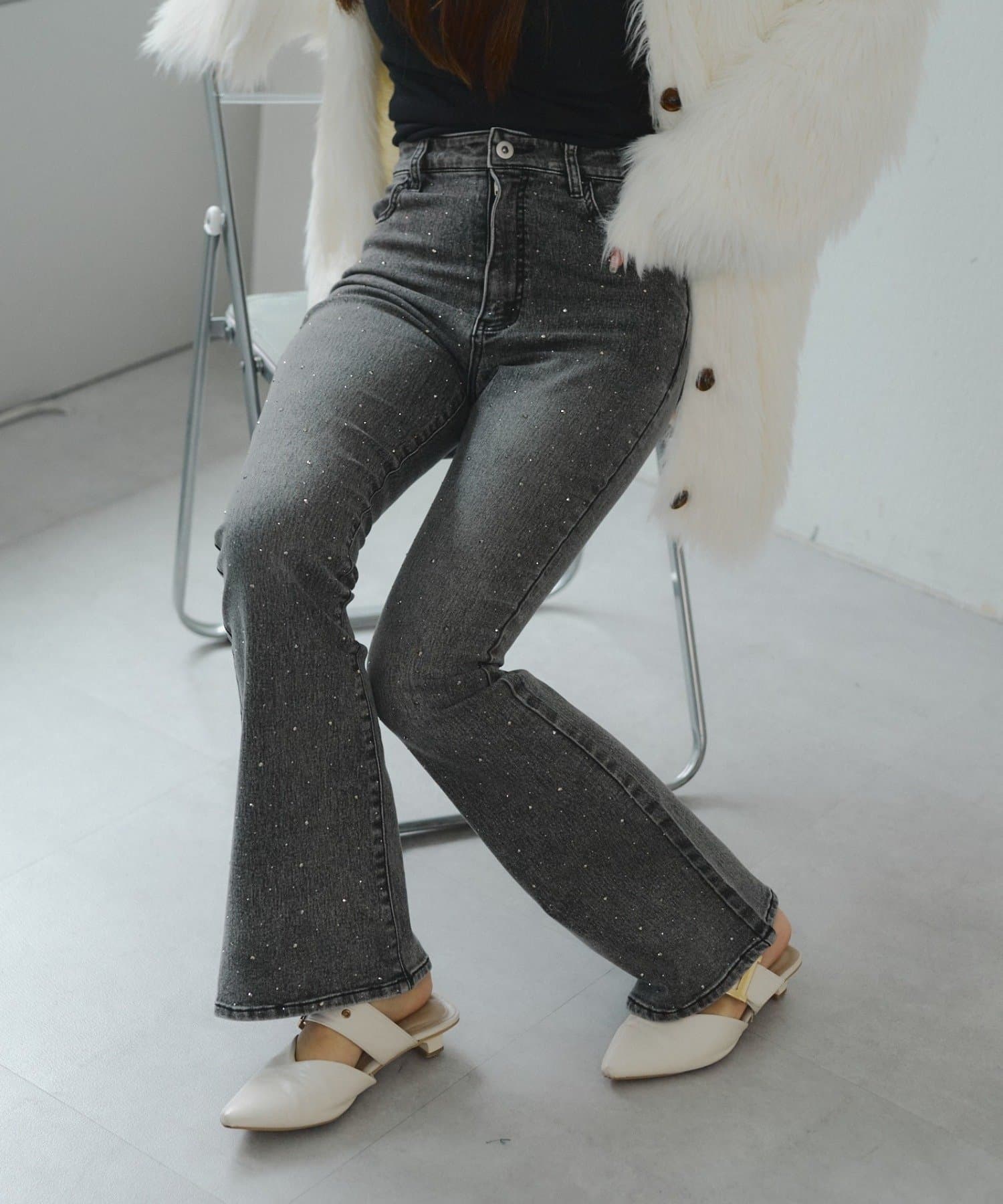 NICE CLAUP / OLIVE des OLIVE OUTLET(ナイスクラップ  / オリーブ デ オリーブ アウトレット) 伸縮性◎美シルエット【RMAF】キラキラストレッチセミフレアデニム