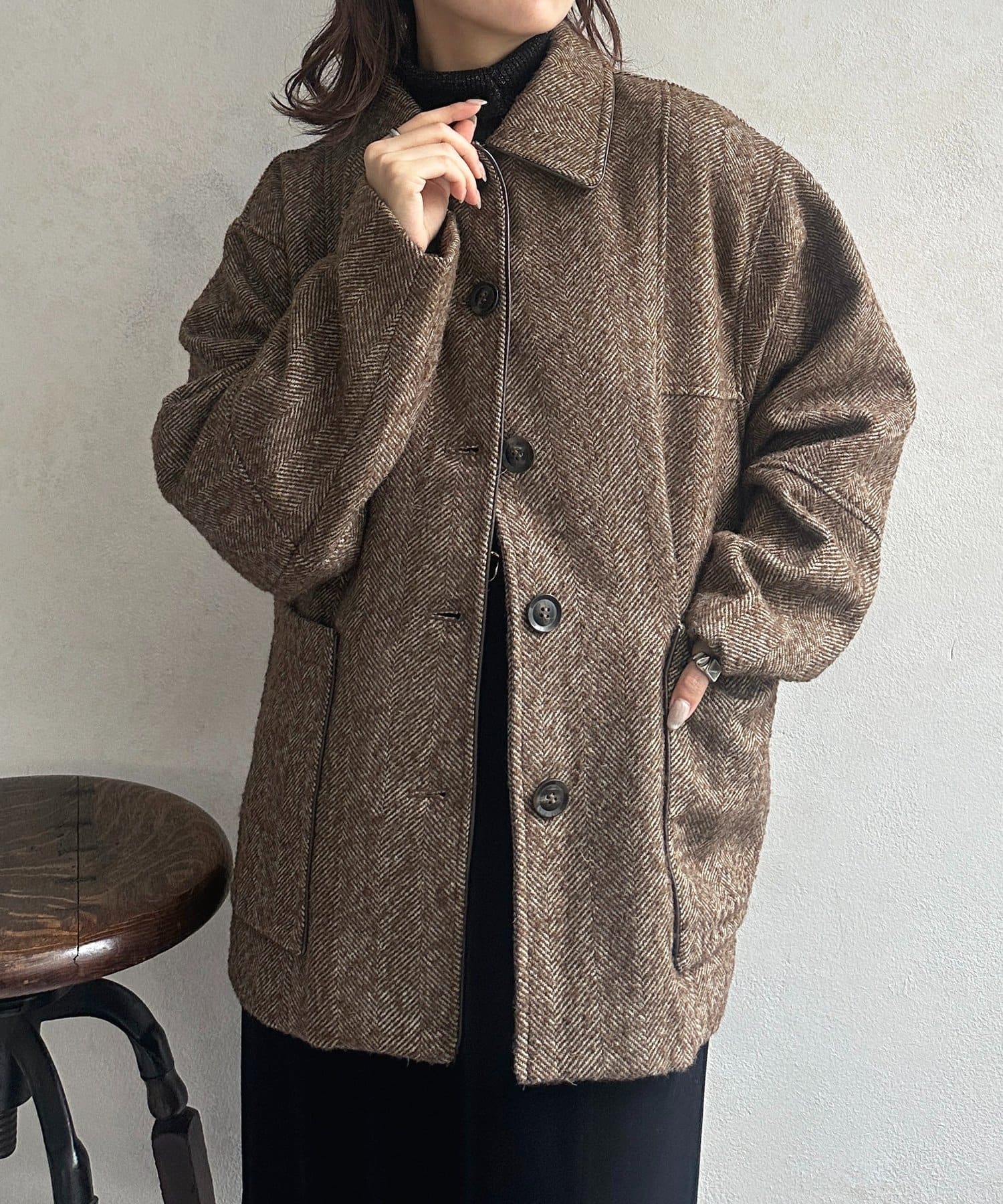 Thevon.(ゼヴォン) ネップヘリンボンパイピングカバーオール