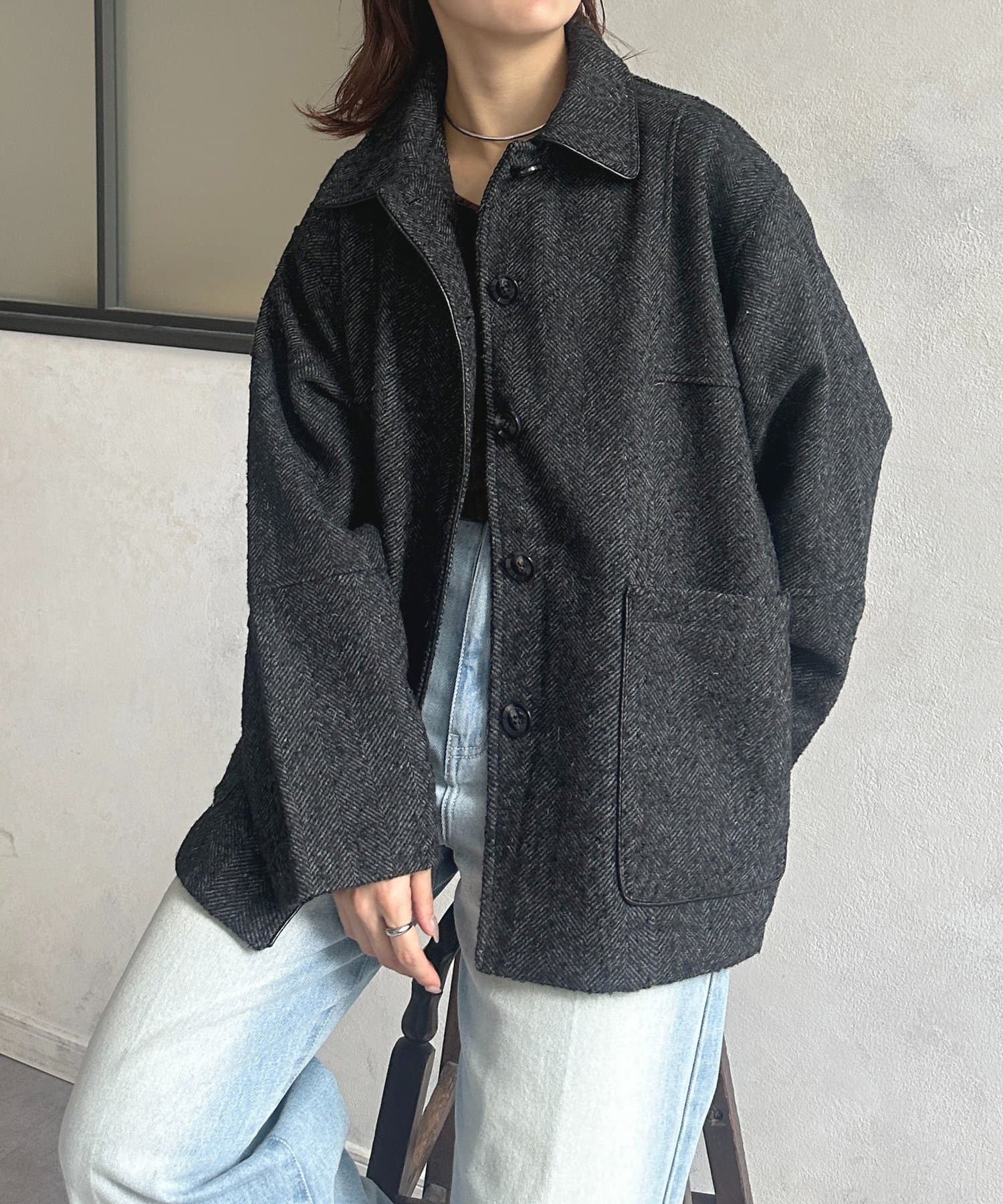 Thevon.(ゼヴォン) ネップヘリンボンパイピングカバーオール