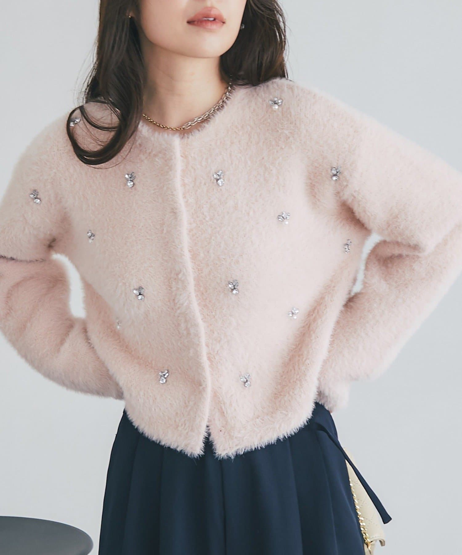 La boutique BonBon(ラブティックボンボン) フェザーヤーンビジュー刺繍ジャケットカーディガン