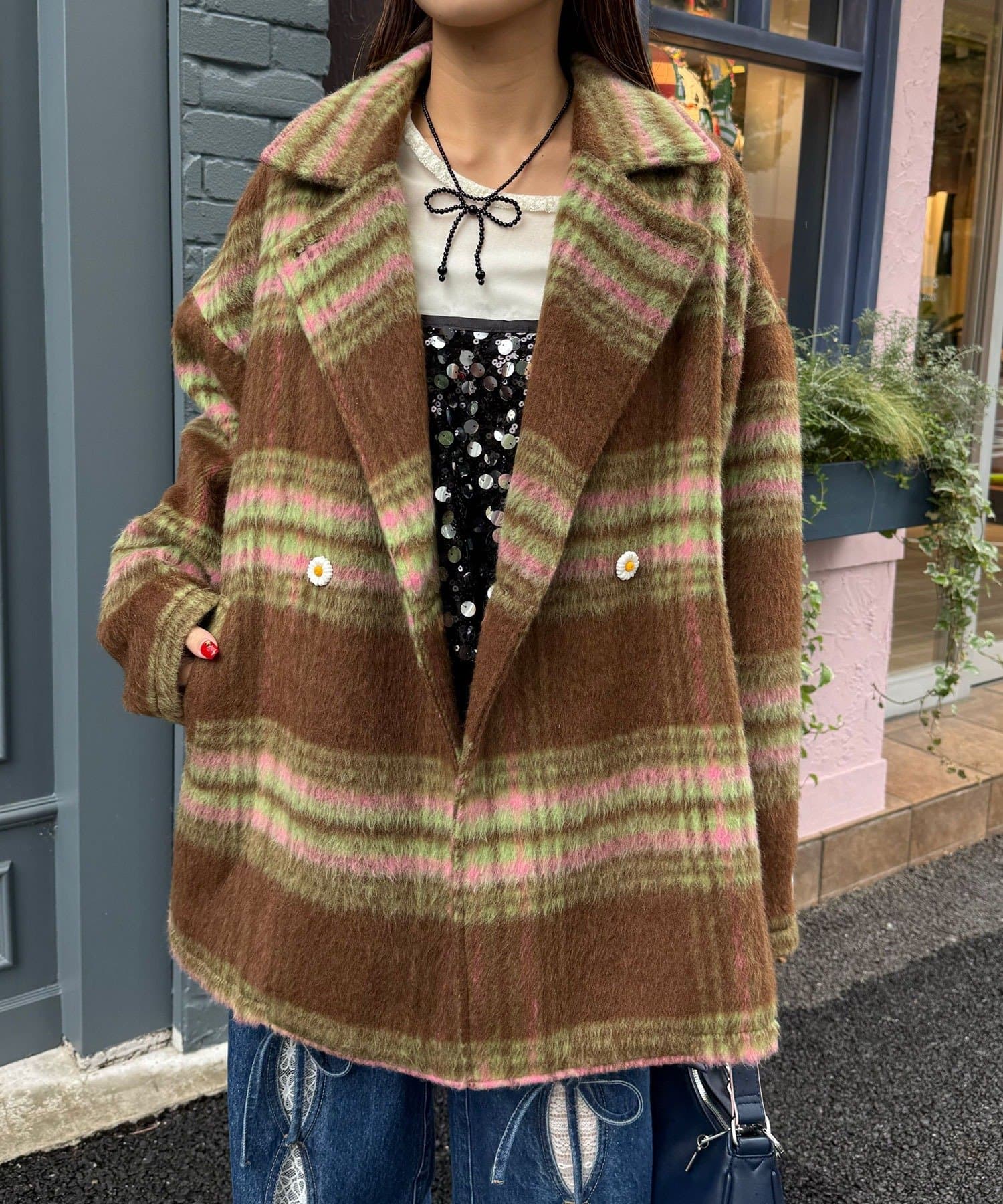 CIAOPANIC(チャオパニック) ★【HELLO.SANFRANCISCO/ハローサンフランシスコ】チェックシャギーオーバーコート