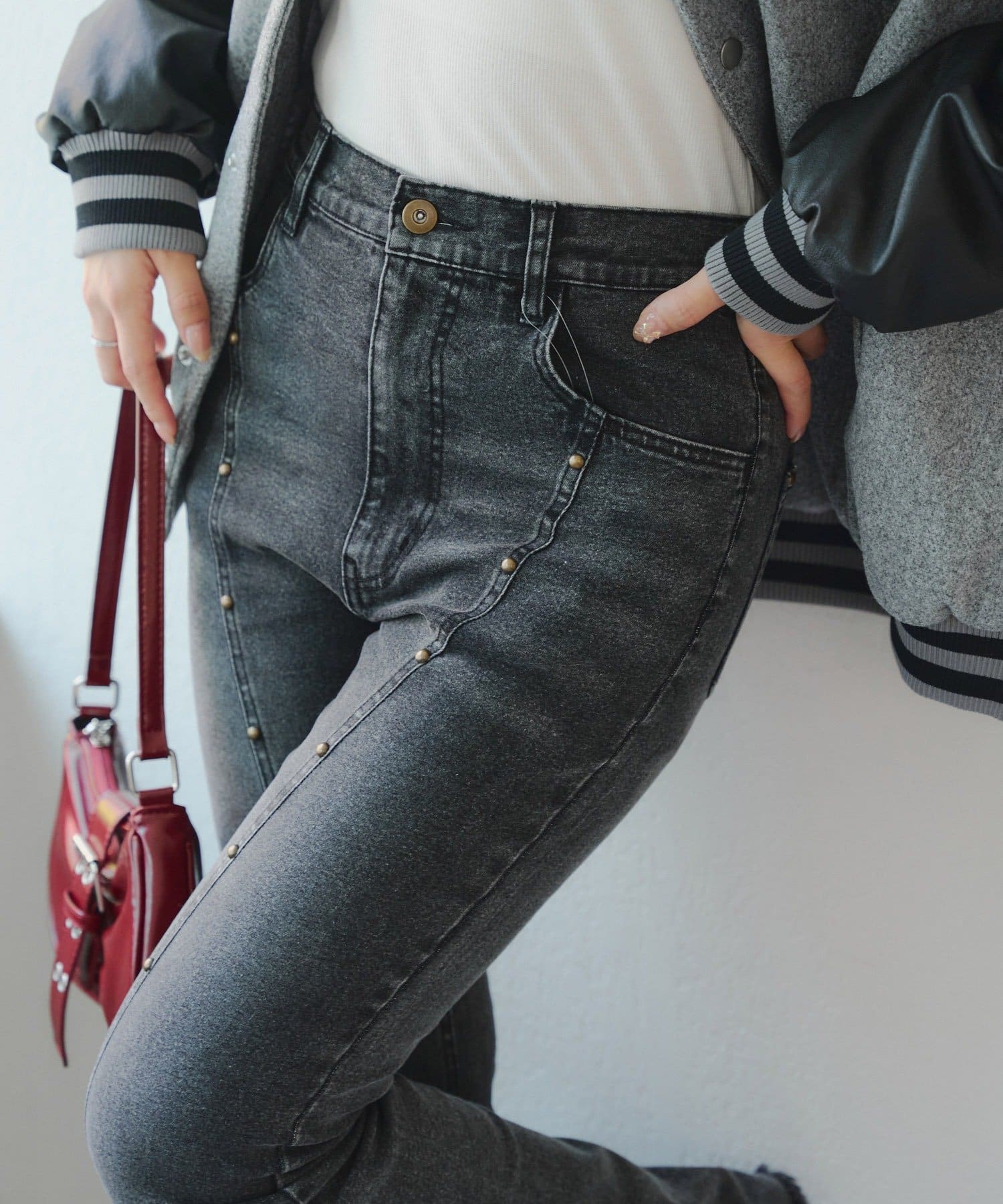 NICE CLAUP / OLIVE des OLIVE OUTLET(ナイスクラップ  / オリーブ デ オリーブ アウトレット) スタッズセミフレアデニム