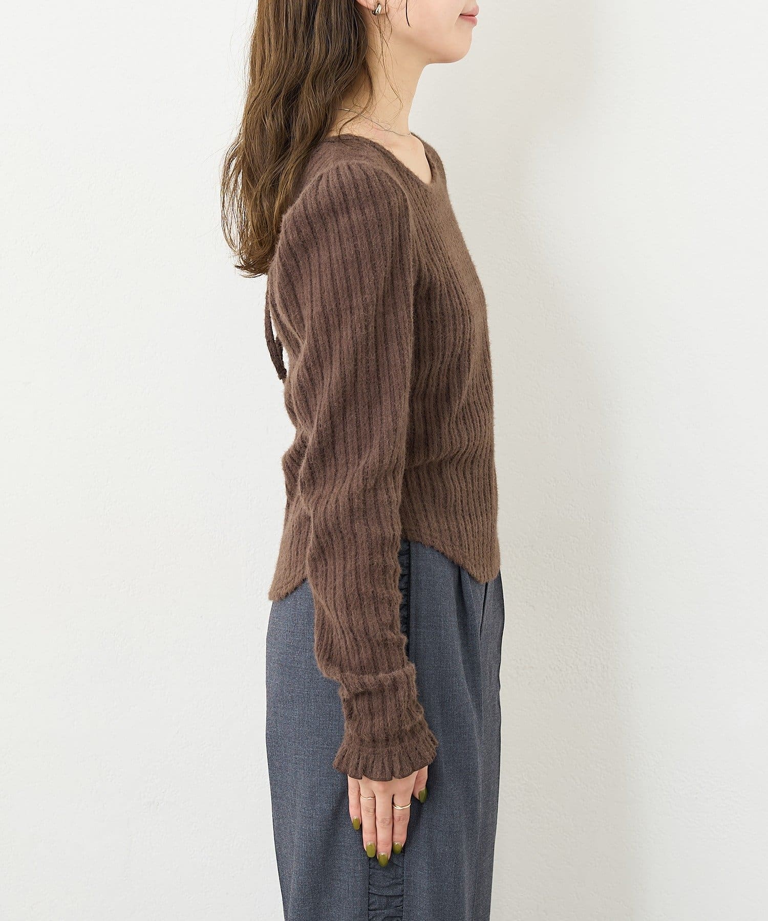 Kastane(カスタネ) 【4色展開/前後2WAY】B シャギーカットギャザースリーブトップス