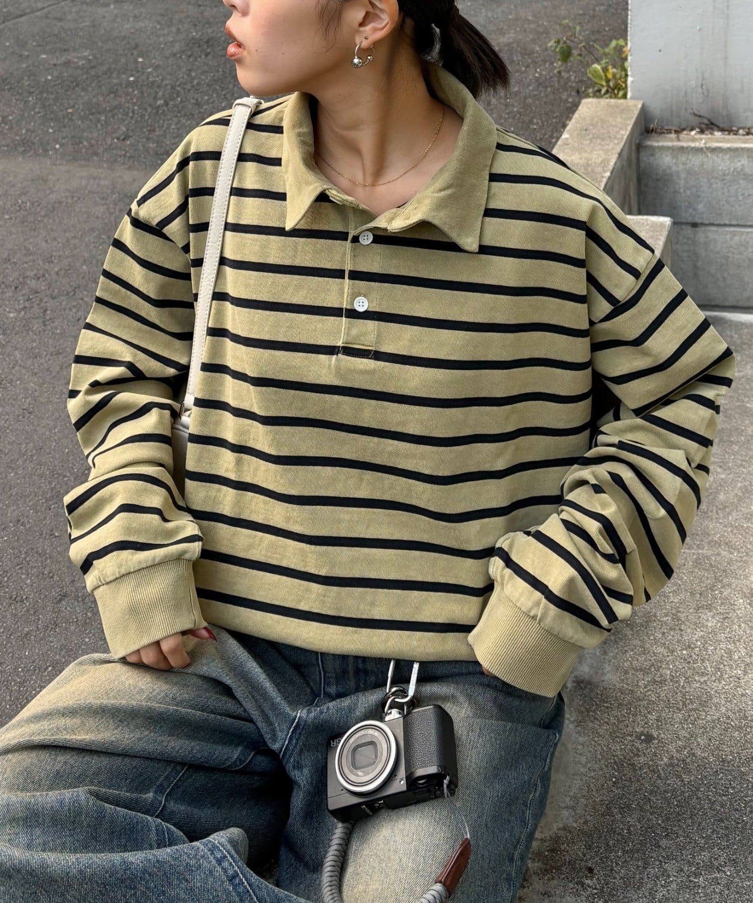 CIAOPANIC TYPY(チャオパニックティピー) ピグメント加工ボーダー襟付きトップス