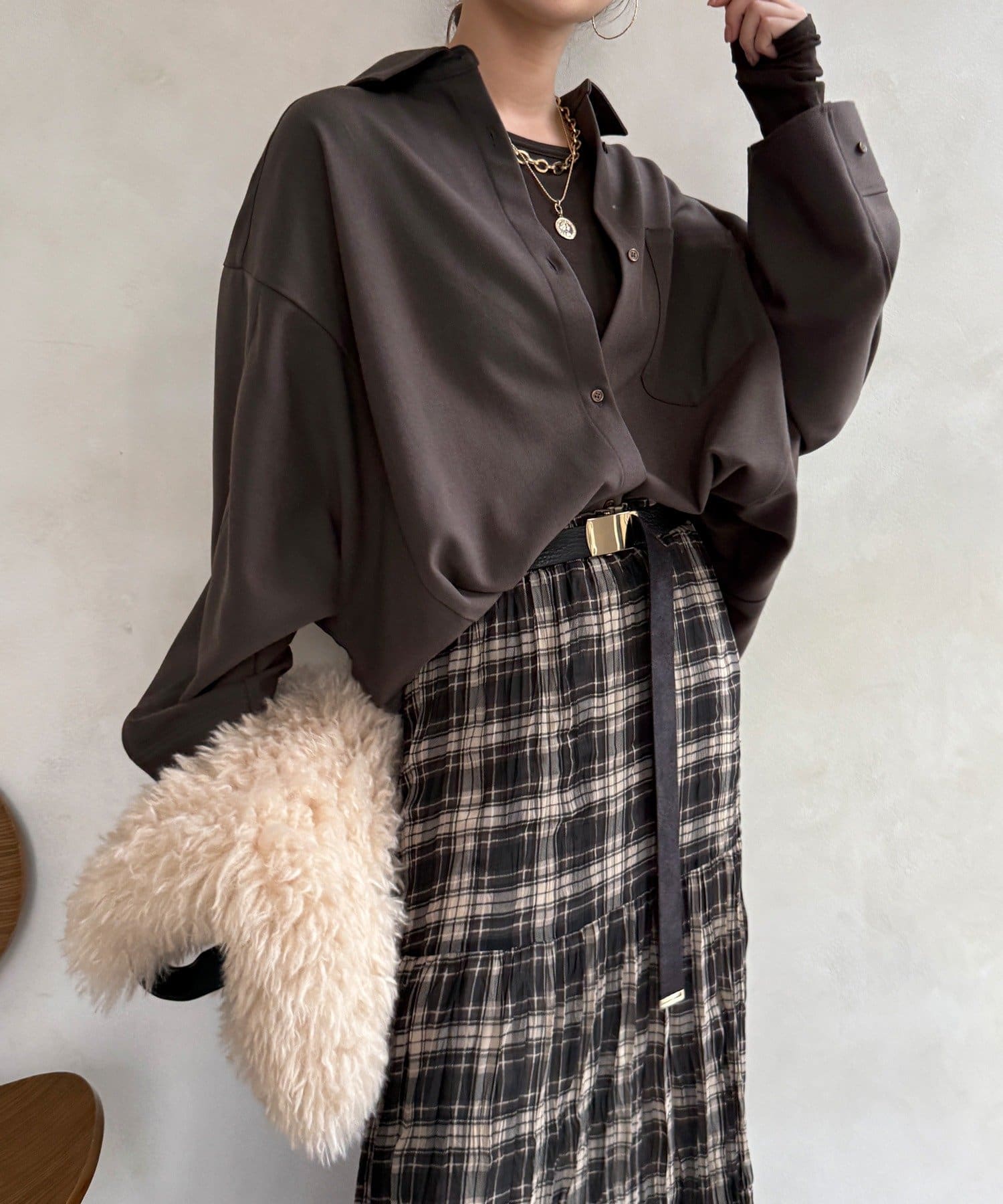DOUDOU(ドゥドゥ) ウール調ドルマンビッグシャツ