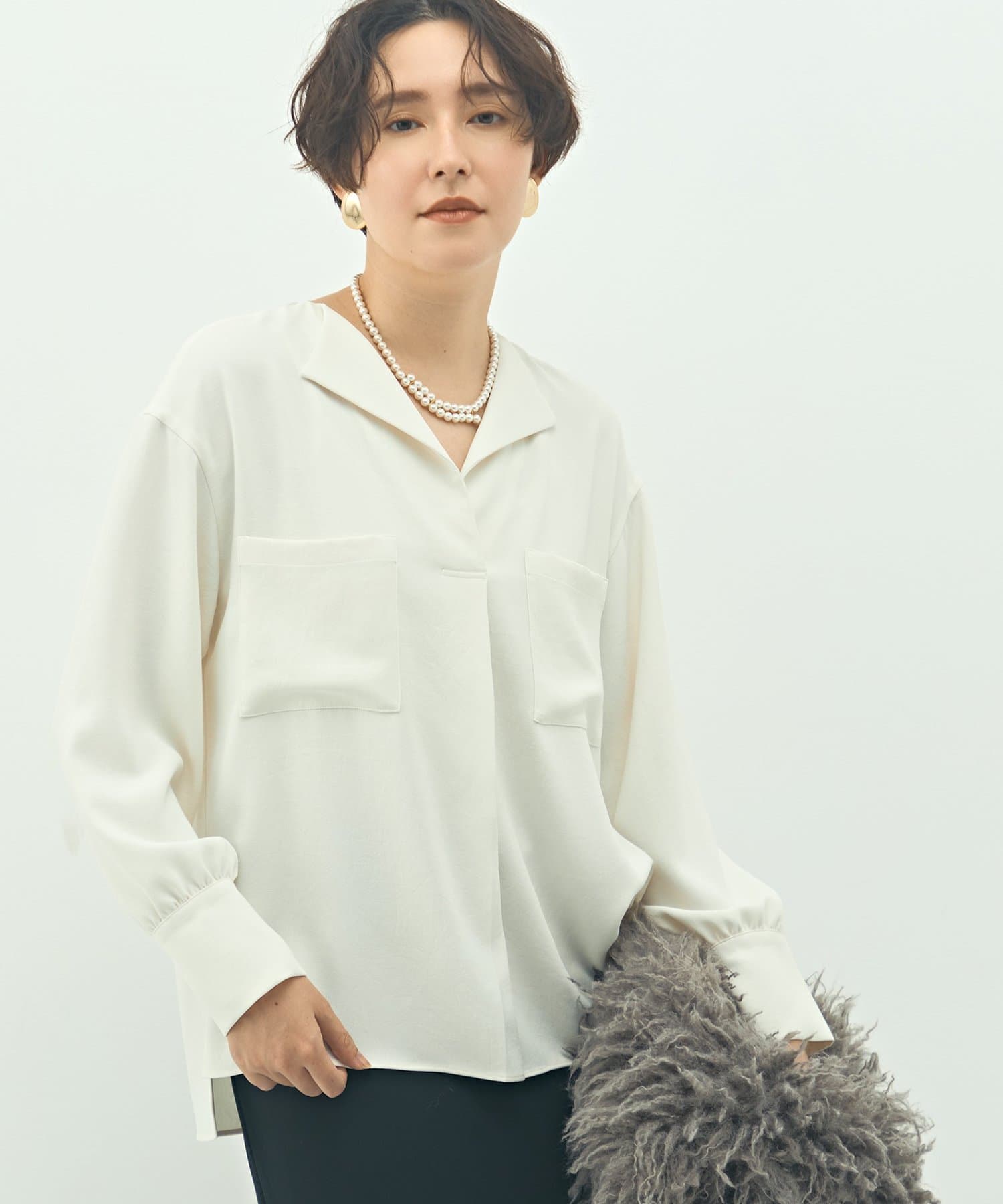NOLLEY'S(ノーリーズ) ウォッシャブルバックサテンジョーゼットオープンカラーブラウス