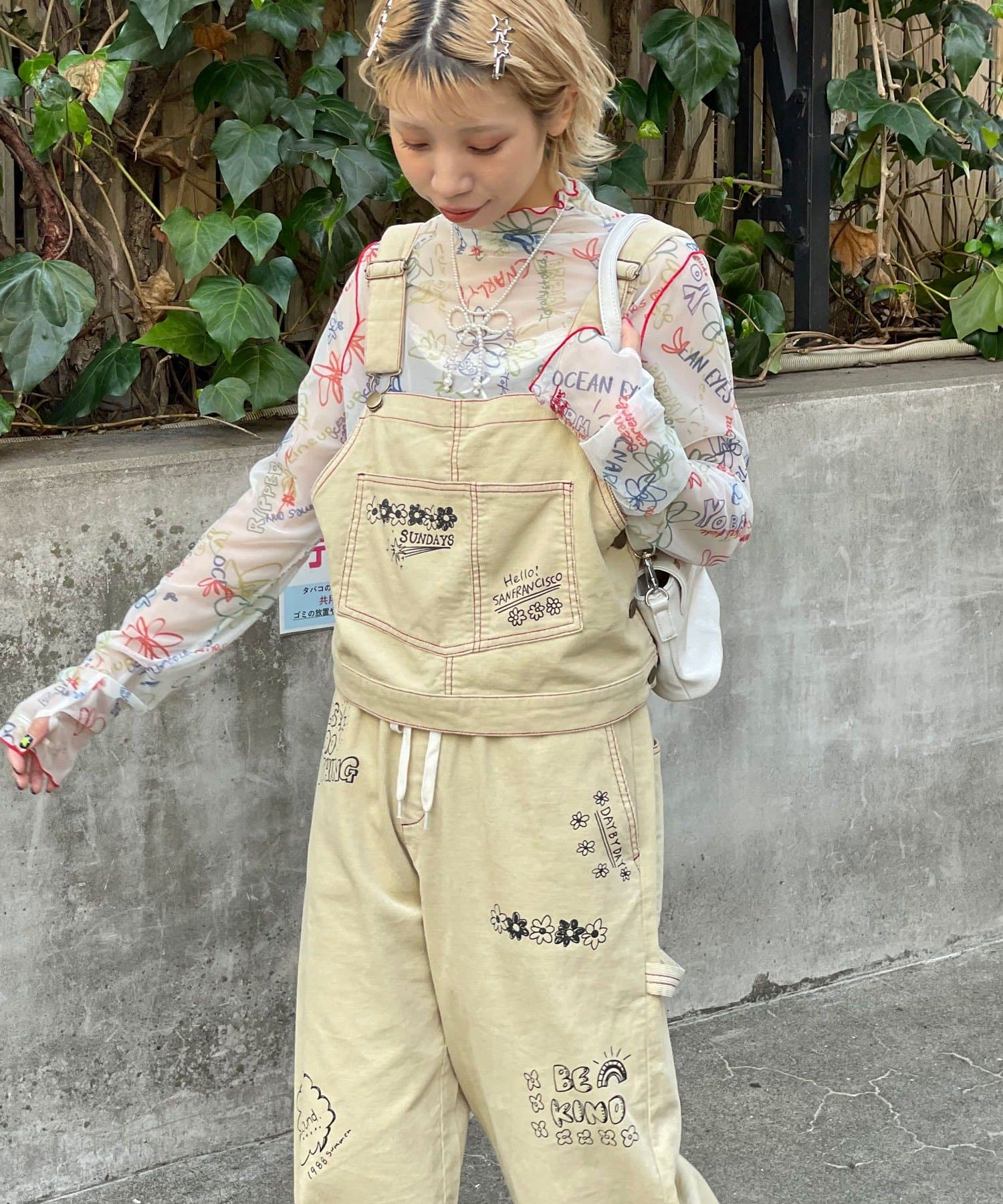 CIAOPANIC(チャオパニック) 【HELLO.SANFRANCISCO/ハローサンフランシスコ】マルチウェイ落書きコーデュロイ配色ステッチサロペット