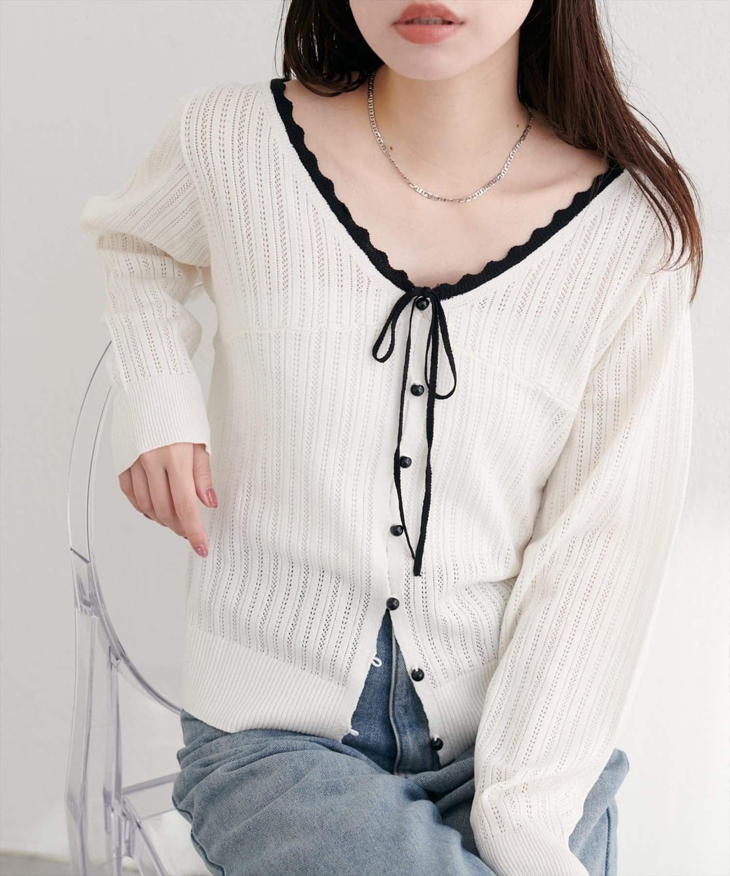 NICE CLAUP / OLIVE des OLIVE OUTLET(ナイスクラップ  / オリーブ デ オリーブ アウトレット) 【natural couture】配色リボン透かし編みカーディガン