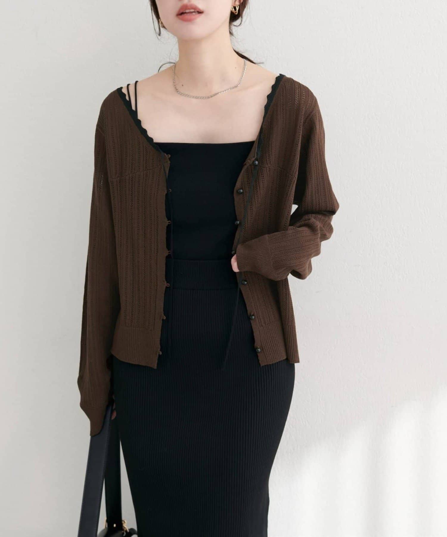NICE CLAUP / OLIVE des OLIVE OUTLET(ナイスクラップ  / オリーブ デ オリーブ アウトレット) 【natural couture】配色リボン透かし編みカーディガン