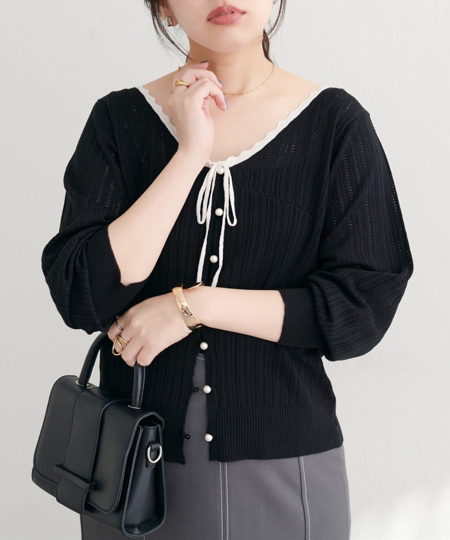 NICE CLAUP / OLIVE des OLIVE OUTLET(ナイスクラップ  / オリーブ デ オリーブ アウトレット) 【natural couture】配色リボン透かし編みカーディガン
