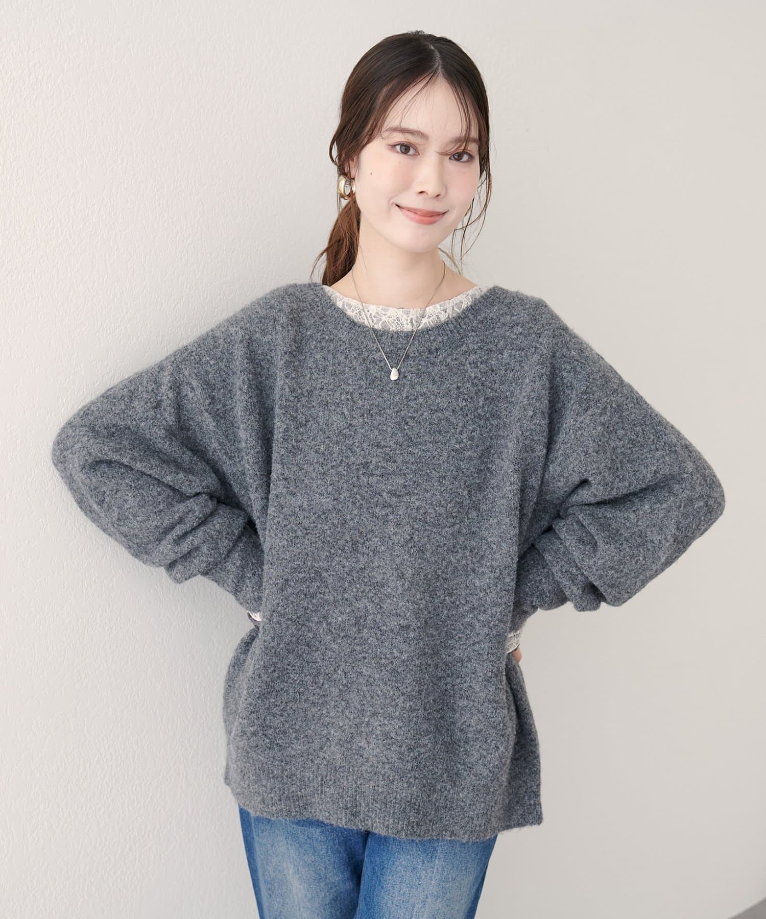 natural couture(ナチュラルクチュール) 【WEB限定】クルーネックニットプルオーバー