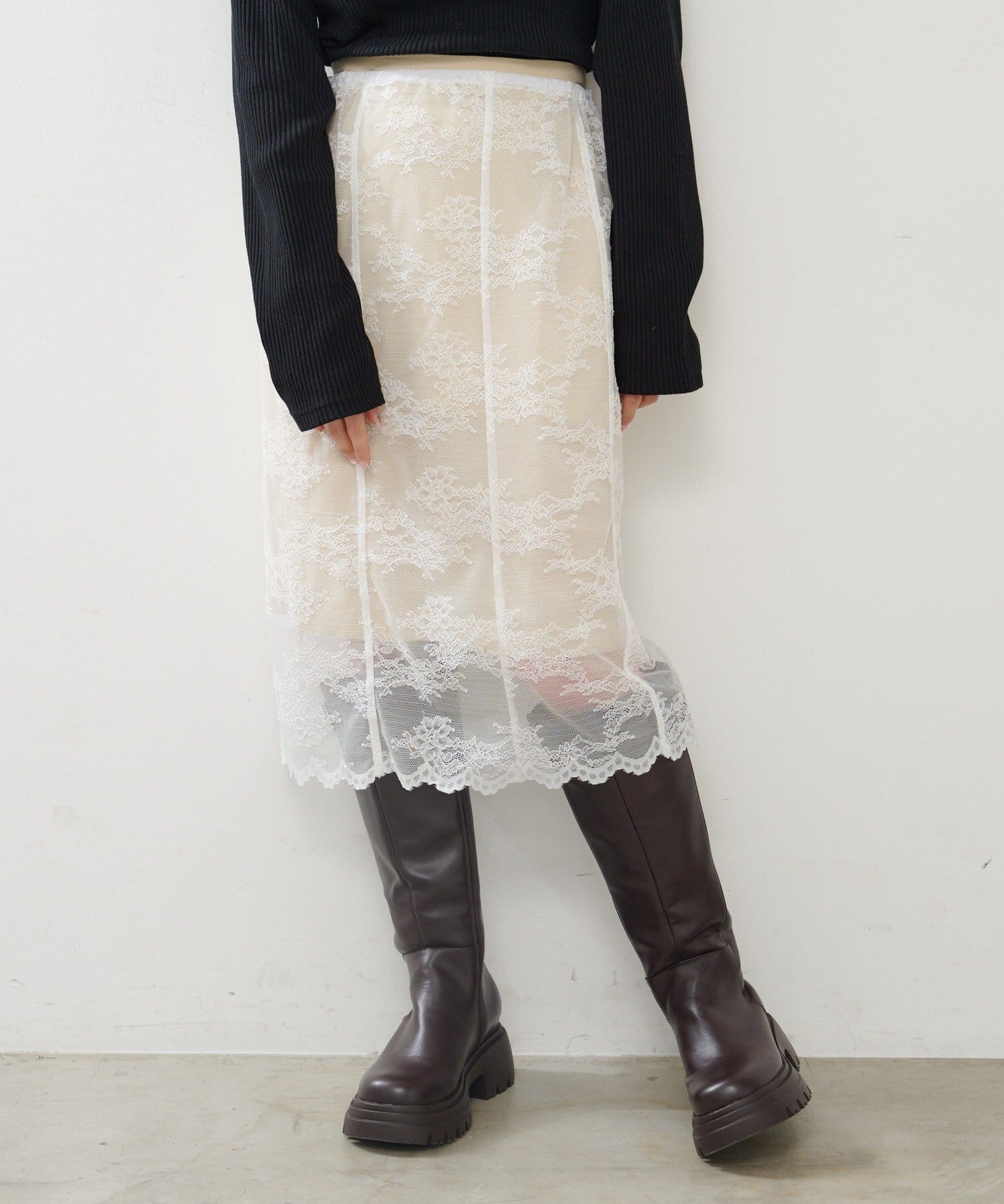 Kastane(カスタネ) サテンレースミドルスカートSET