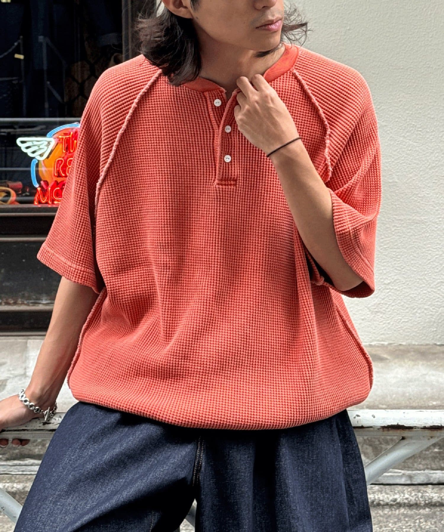 OUTLET(アウトレット) 【Ciaopanic】ピグメントワッフルヘンリーネックカットソー