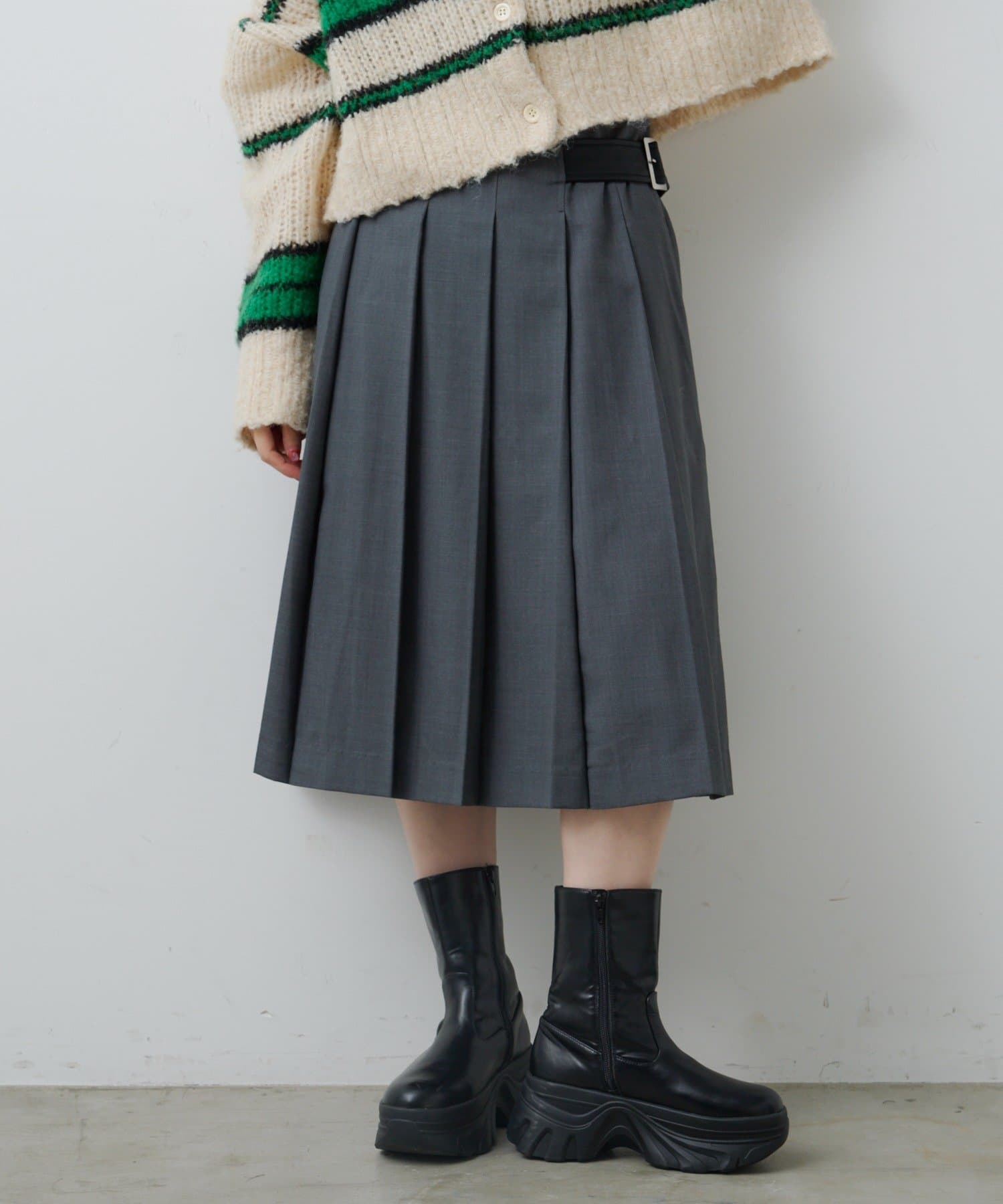Kastane(カスタネ) 【チェック&無地/一部店舗限定】ベルトプリーツミドルスカート