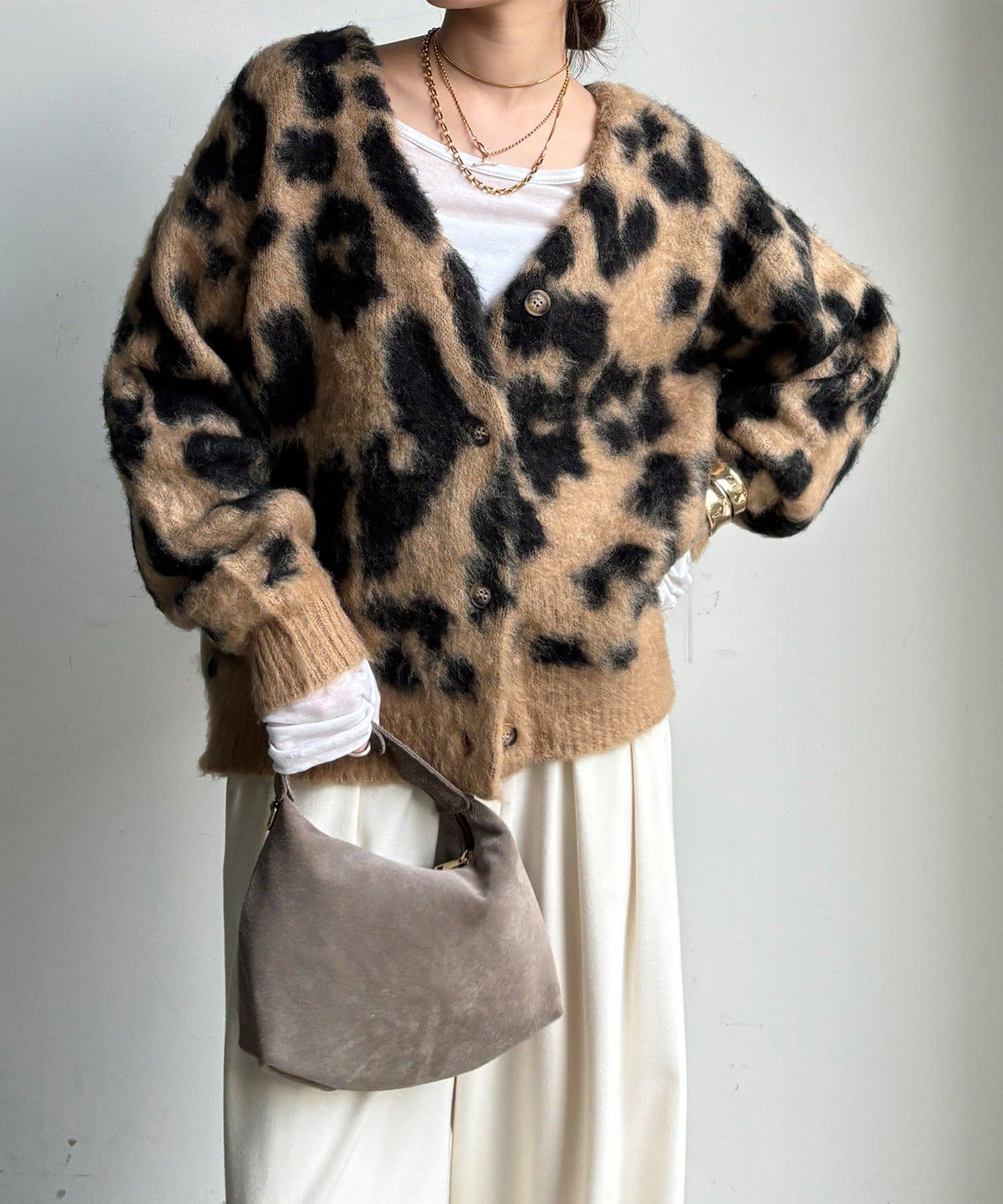 DOUDOU(ドゥドゥ) 【WEB限定】レオパードジャガードシャギーカーディガン