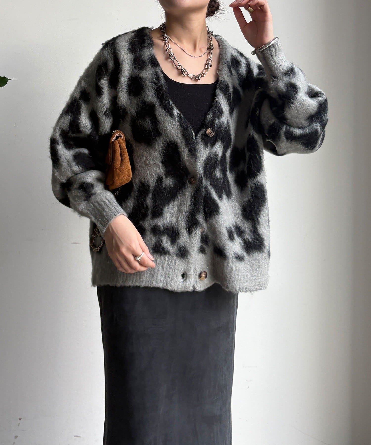 DOUDOU(ドゥドゥ) 【WEB限定】レオパードジャガードシャギーカーディガン