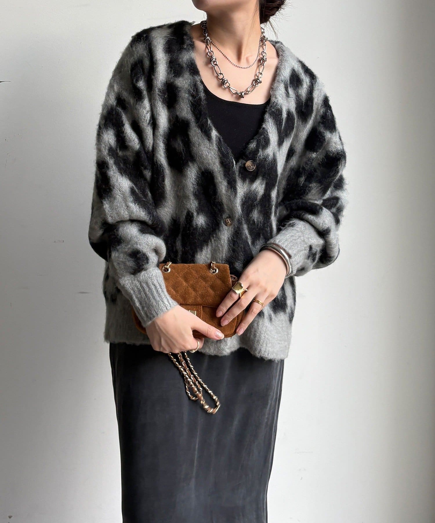 DOUDOU(ドゥドゥ) 【WEB限定】レオパードジャガードシャギーカーディガン