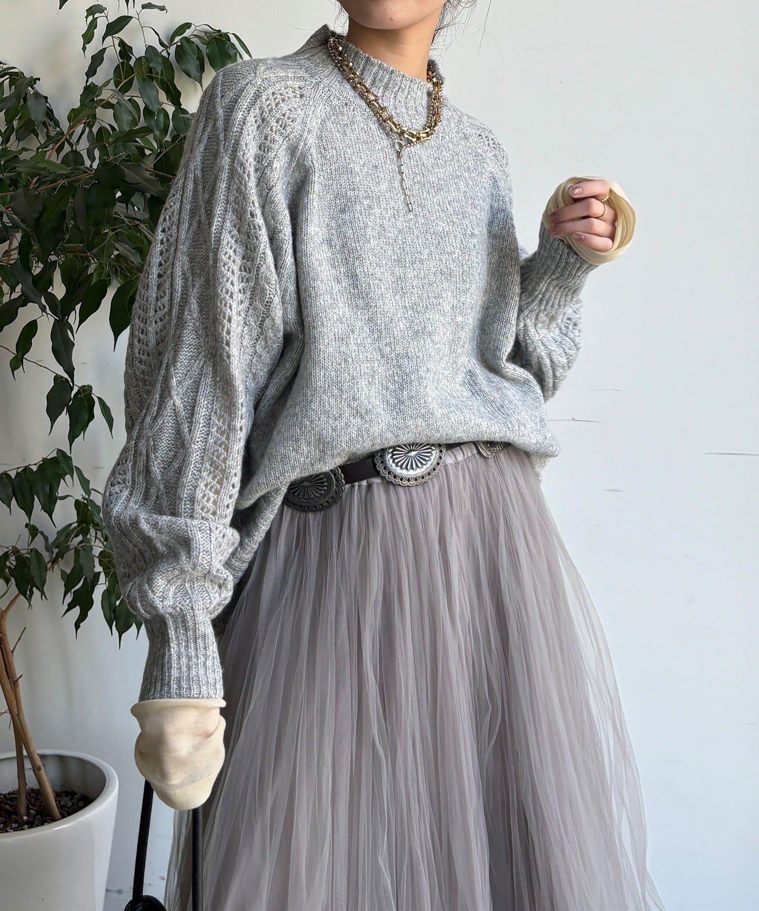 DOUDOU(ドゥドゥ) 【WEB限定】透かしケーブル切替ラグランプルオーバー