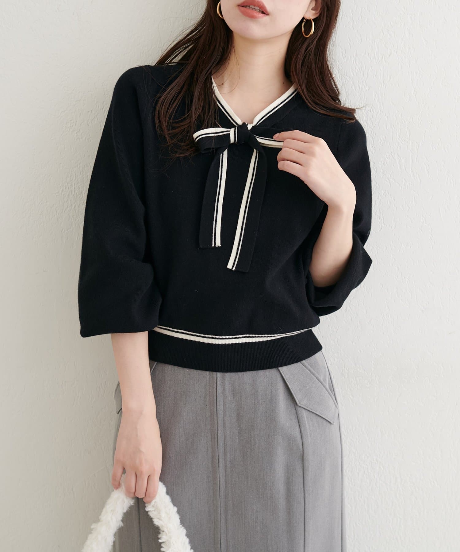 natural couture(ナチュラルクチュール) 【セットフェア対象】【パルクロ限定】配色ラインボウタイニット