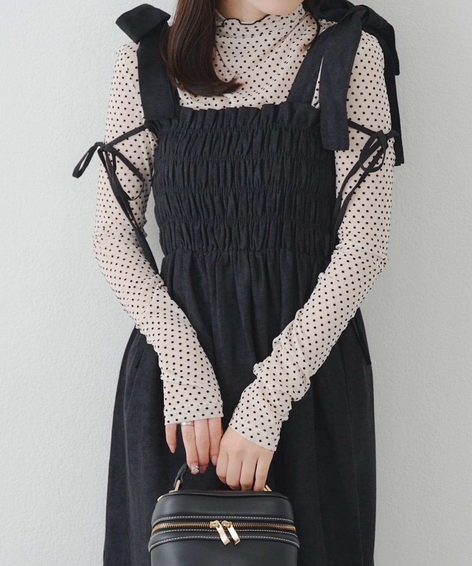 NICE CLAUP / OLIVE des OLIVE OUTLET(ナイスクラップ  / オリーブ デ オリーブ アウトレット) 【RMAF】肩リボンシャーリングワンピース