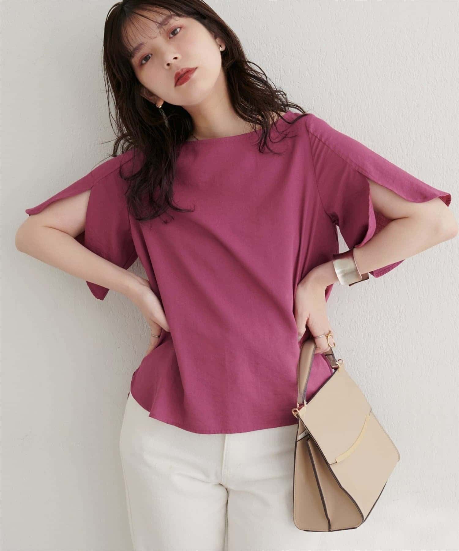 NICE CLAUP / OLIVE des OLIVE OUTLET(ナイスクラップ  / オリーブ デ オリーブ アウトレット) 【natural couture】ハチワレスリーブ麻調ブラウス