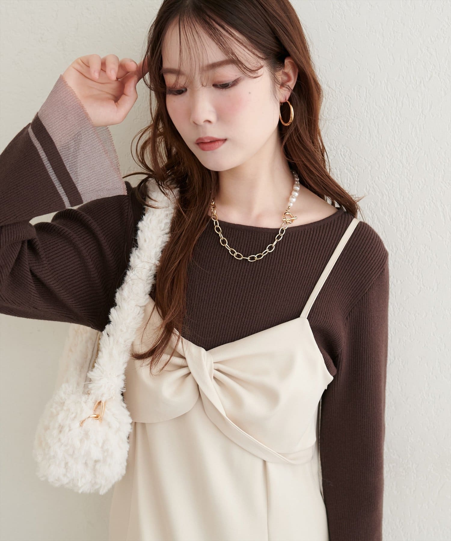 natural couture(ナチュラルクチュール) 袖口シアーフレアニット