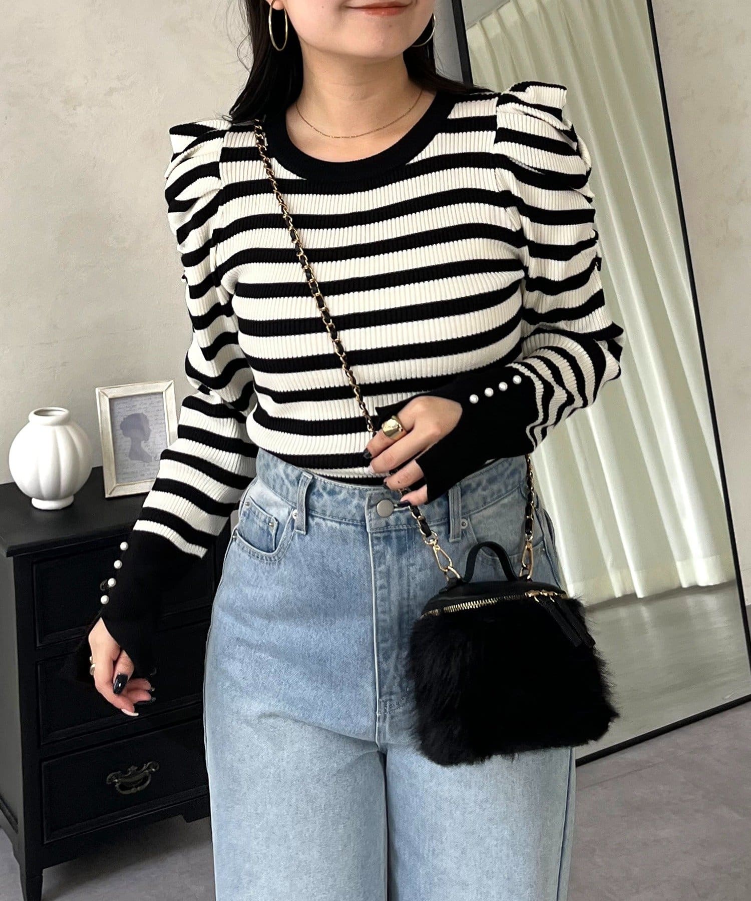 prose verse(プロズヴェール) 袖パールパフスリーブリブニット