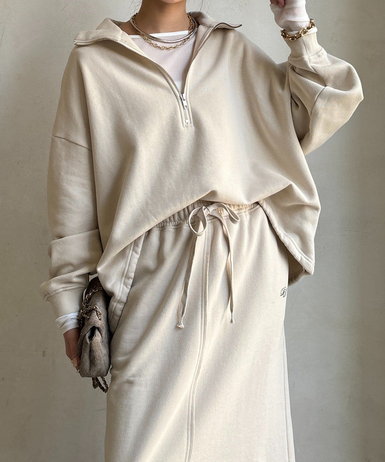 DOUDOU(ドゥドゥ) 裏起毛ドロストハーフジッププルオーバー