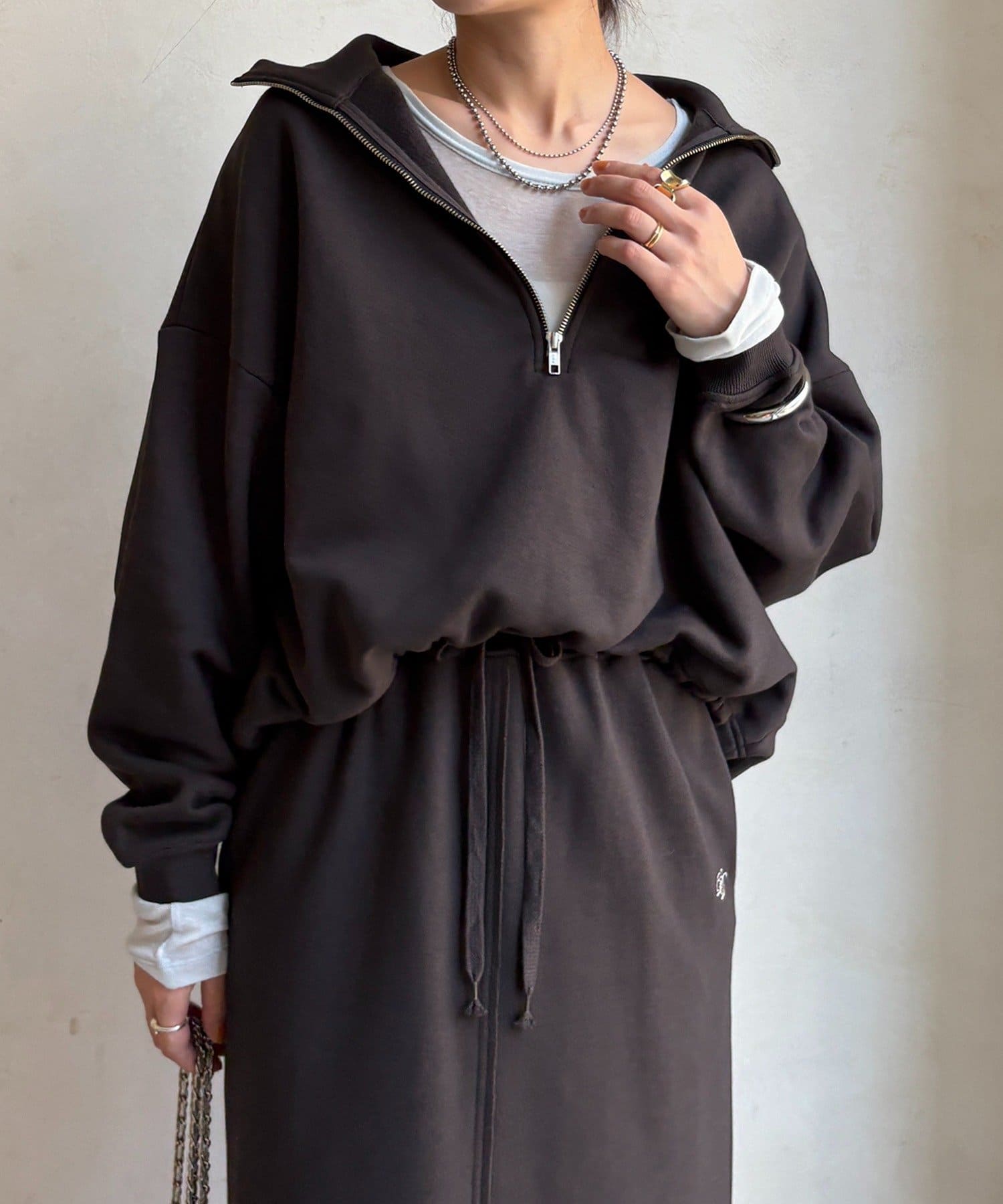 DOUDOU(ドゥドゥ) 裏起毛ドロストハーフジッププルオーバー