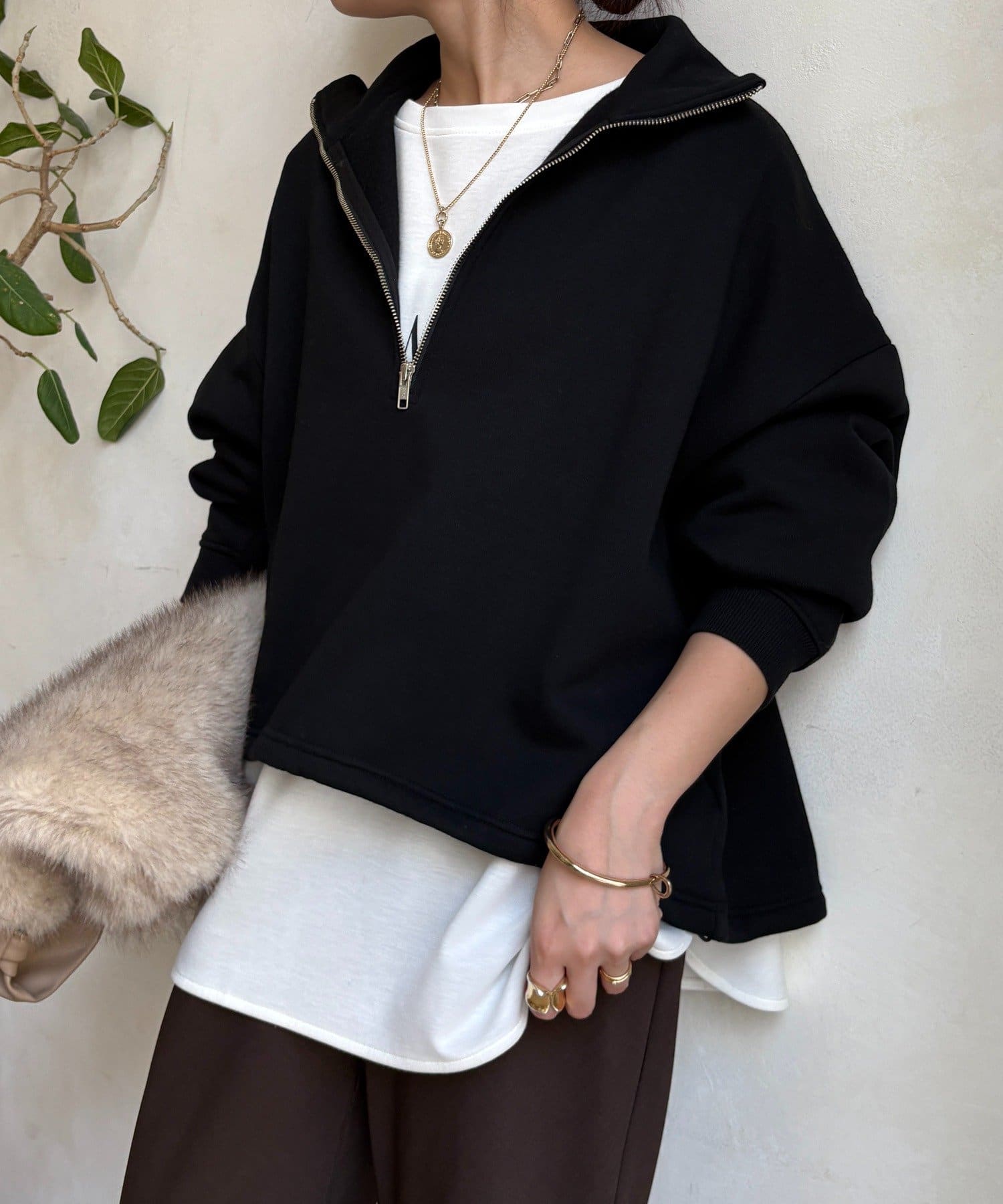 DOUDOU(ドゥドゥ) 裏起毛ドロストハーフジッププルオーバー