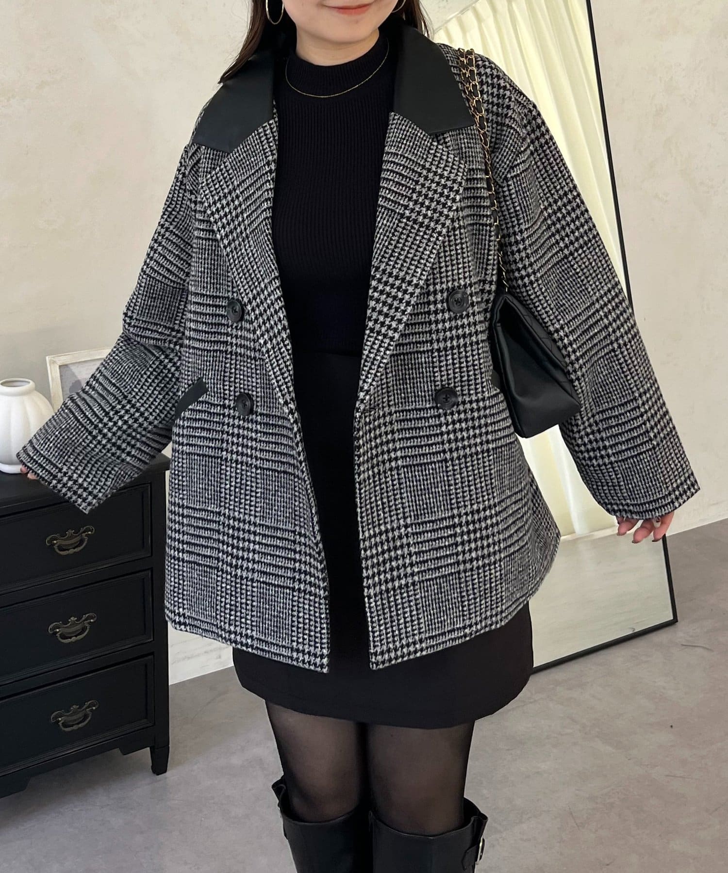 prose verse(プロズヴェール) レザーカラー裏キルティングチェックコート