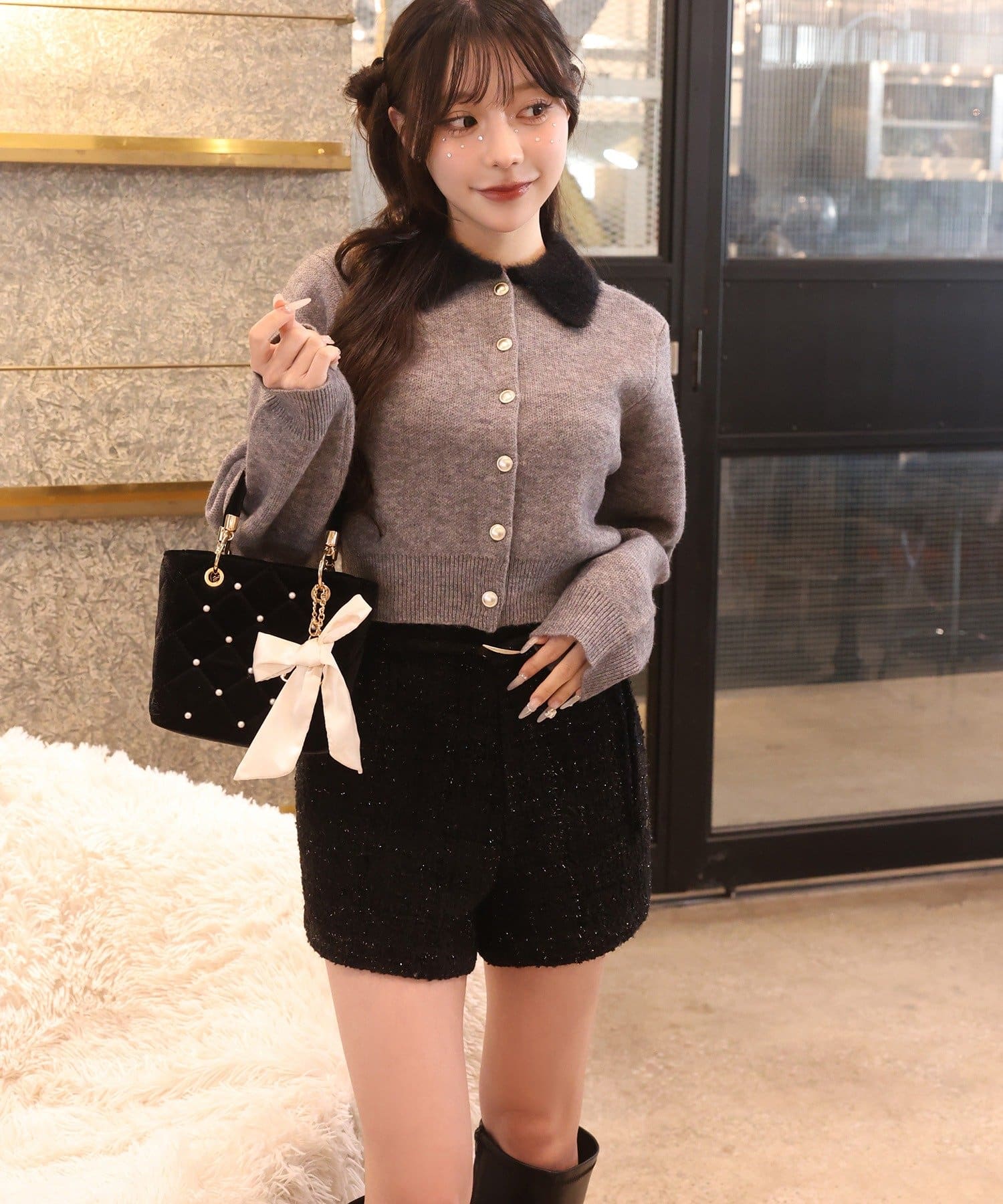 one after another NICE CLAUP(ワンアフターアナザー ナイスクラップ) シャギー襟配色ポロニット