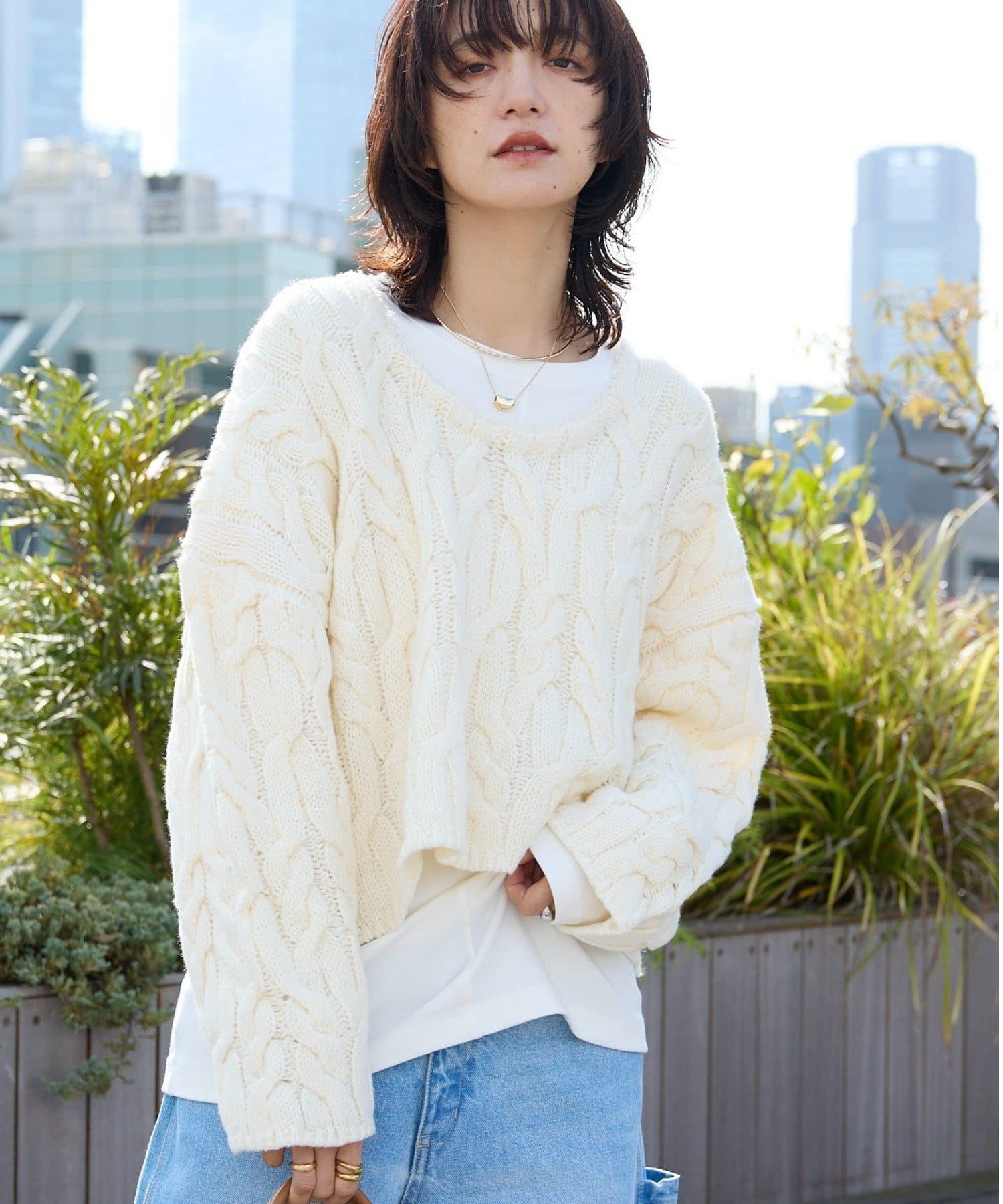 RIVE DROITE(リヴドロワ) 予約【大人のこなれ感を演出】フリンジネックケーブルニット/12月上旬お届け予定