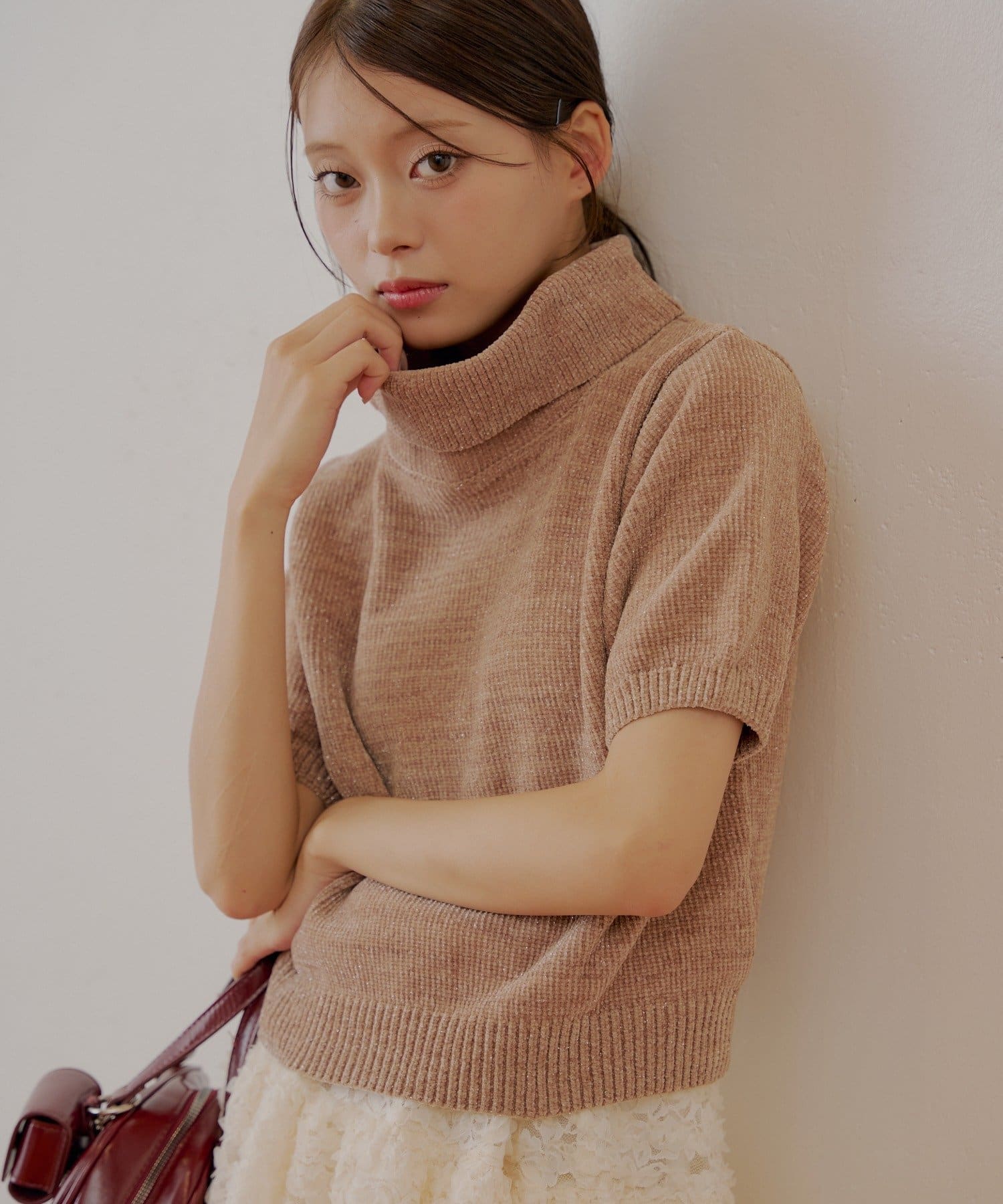 OUTLET(アウトレット) 【Chico】ラメベロアタートル半袖ニット