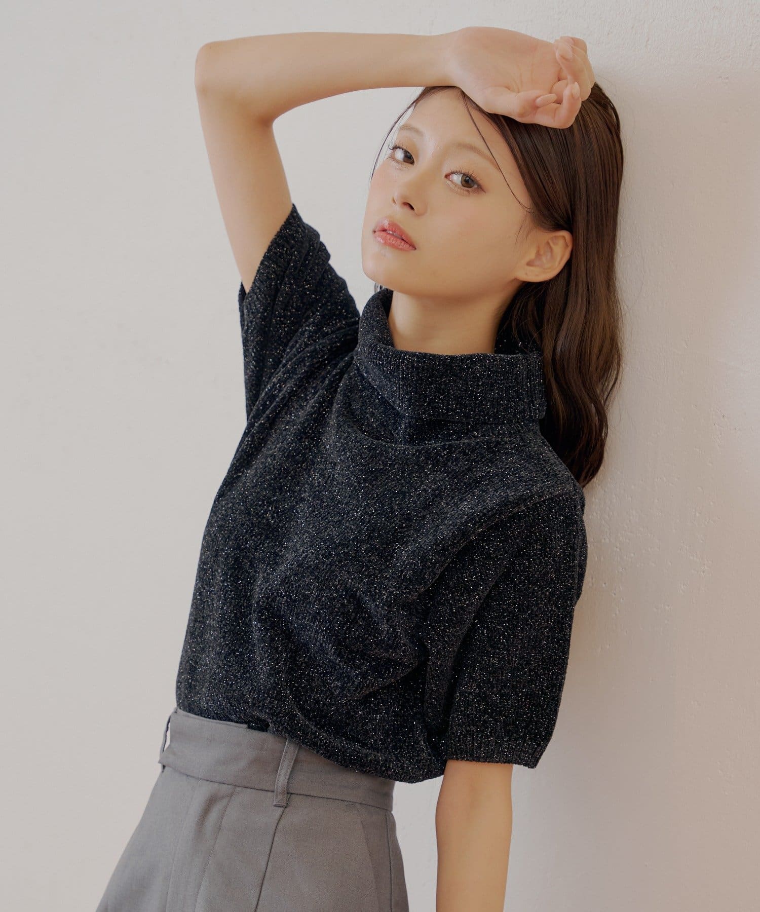 OUTLET(アウトレット) 【Chico】ラメベロアタートル半袖ニット